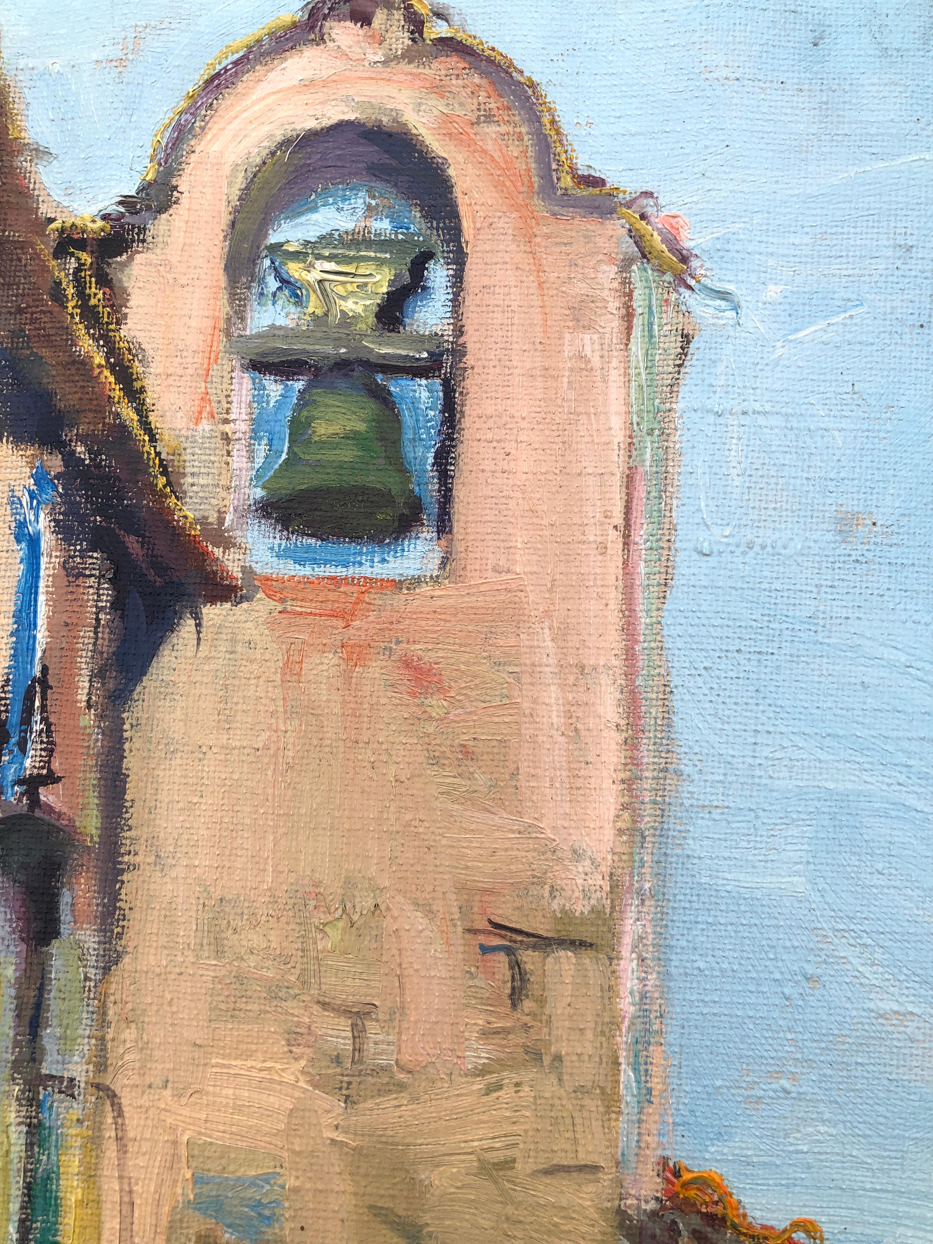 Campanario de un pueblo español óleo sobre lienzo pintura paisaje urbano España en venta 1