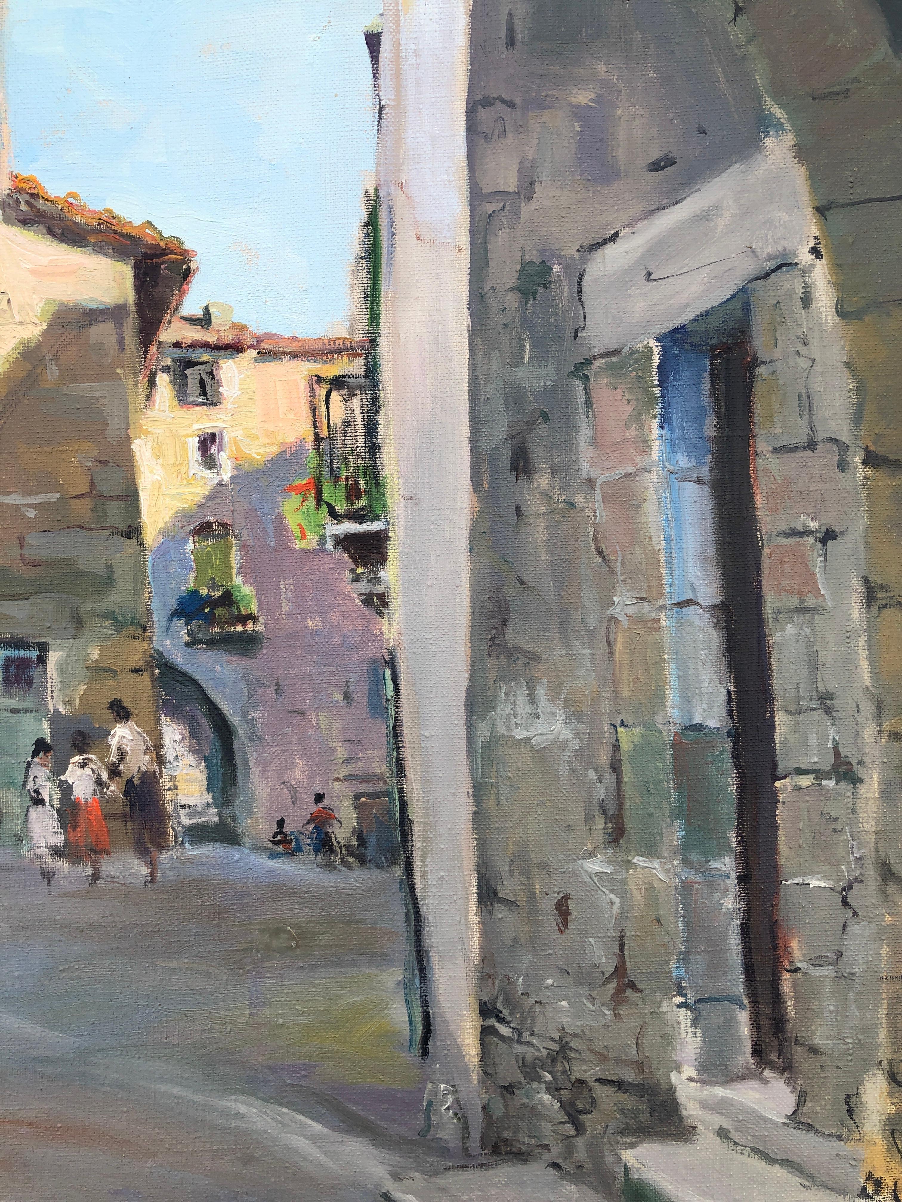 Campanario de un pueblo español óleo sobre lienzo pintura paisaje urbano España en venta 2