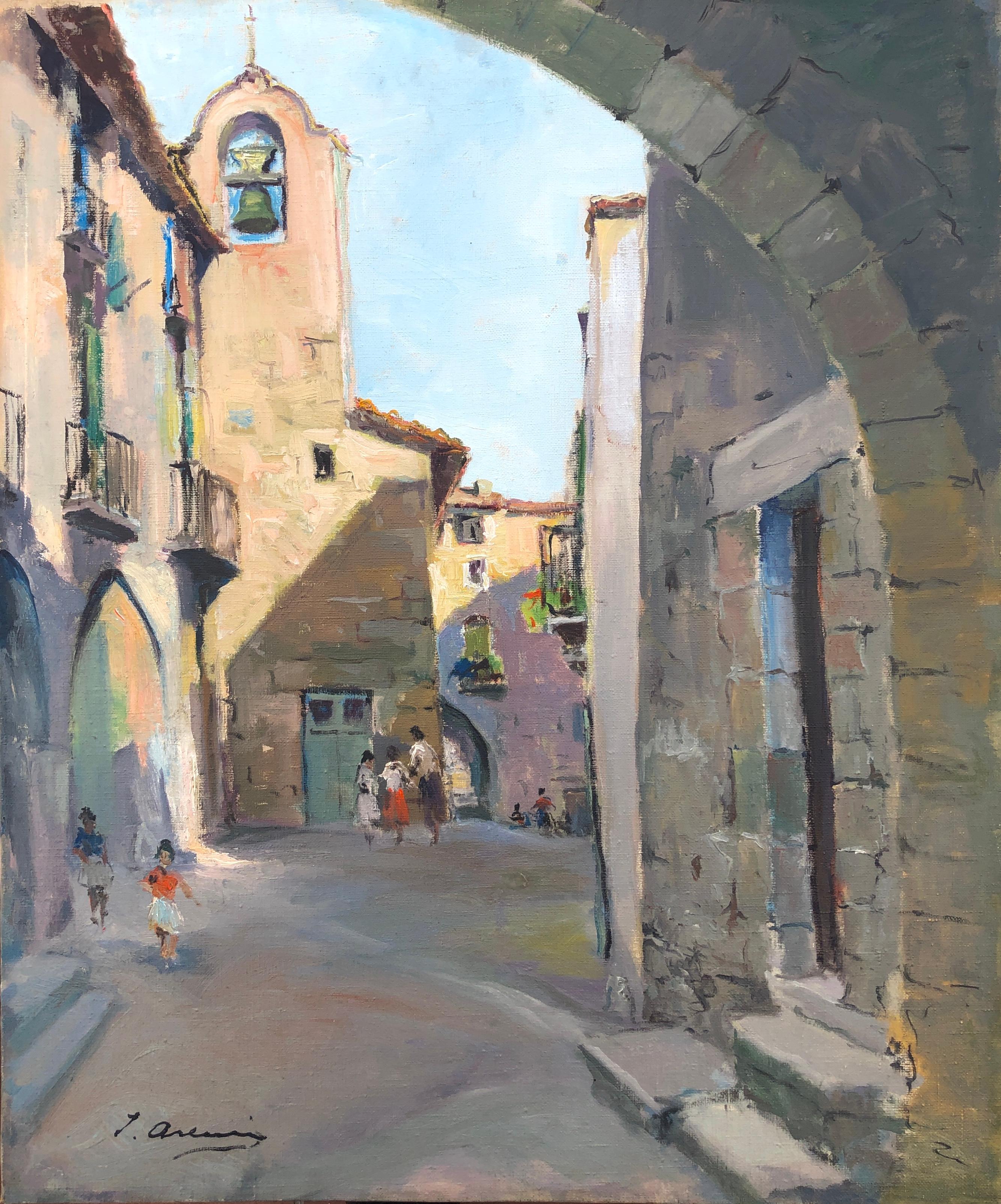 Campanario de un pueblo español óleo sobre lienzo pintura paisaje urbano España