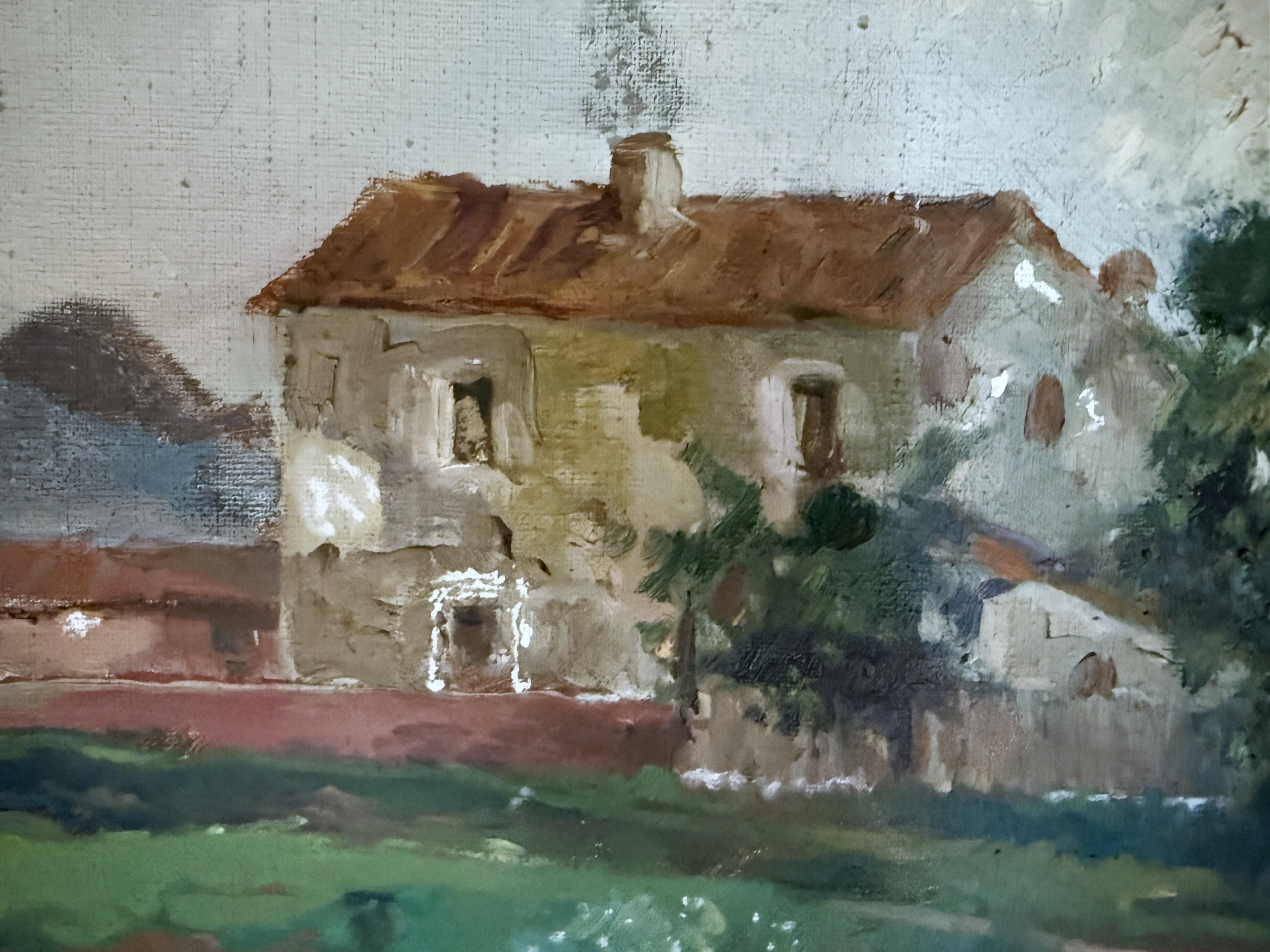 Katalanisches Bauernhaus mit Heuschobern Öl auf Leinwand Gemälde spanische Landschaft (Grau), Landscape Painting, von Joan Asensio Marine