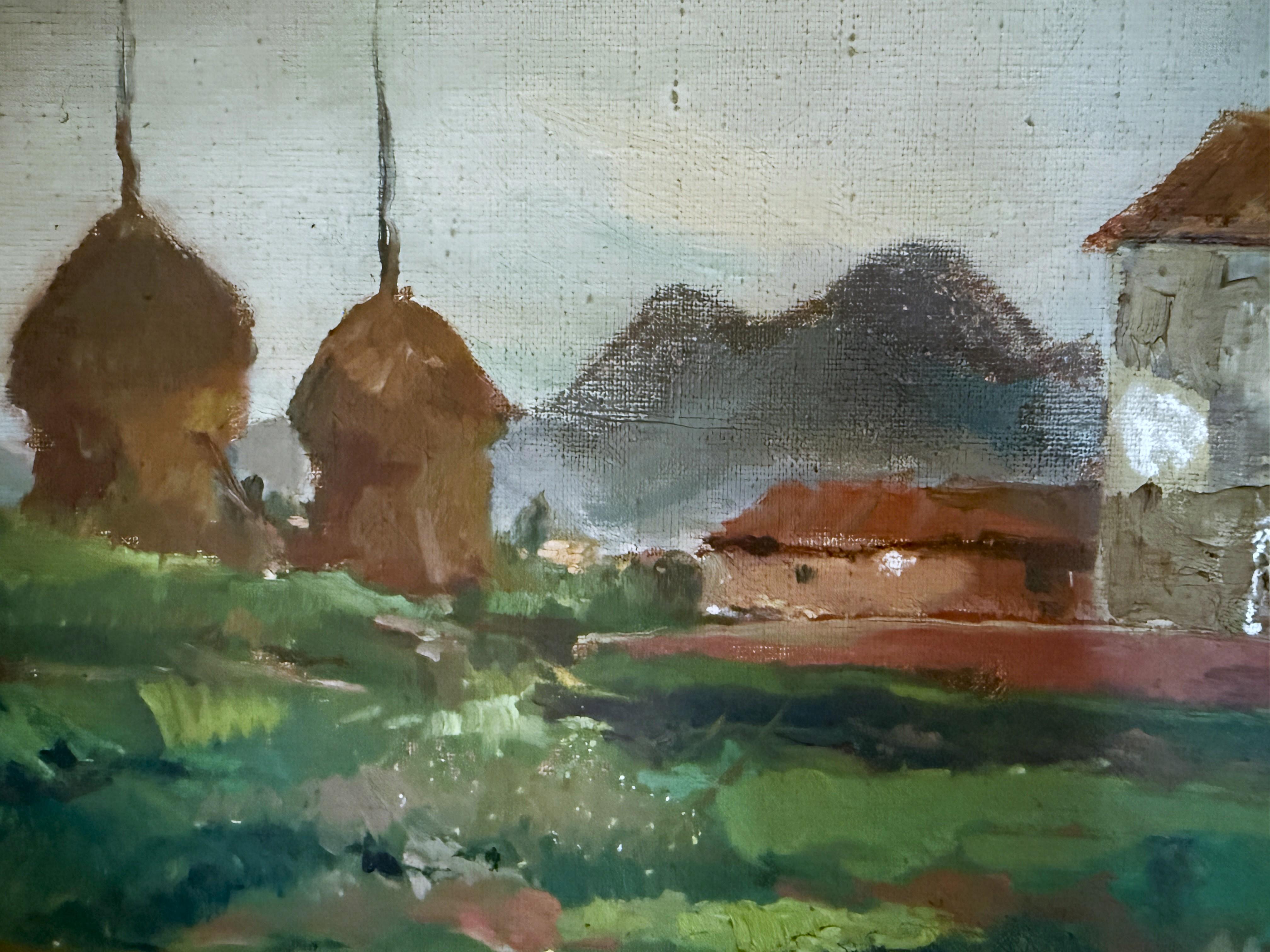 Titel: Katalanisches Bauernhaus mit Heuschobern
Künstler: Joaquín Asensio Mariné (Barcelona, 1890 - 1961)
Medium: Öl auf Leinwand
Abmessungen: 54 × 65 cm (21,3 × 25,6 Zoll)
Unterlage: Leinwand auf originalem Keilrahmen, mit dem Stempel 