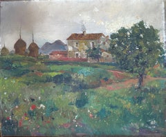 Fattoria catalana con pagliai olio su tela pittura paesaggio spagnolo