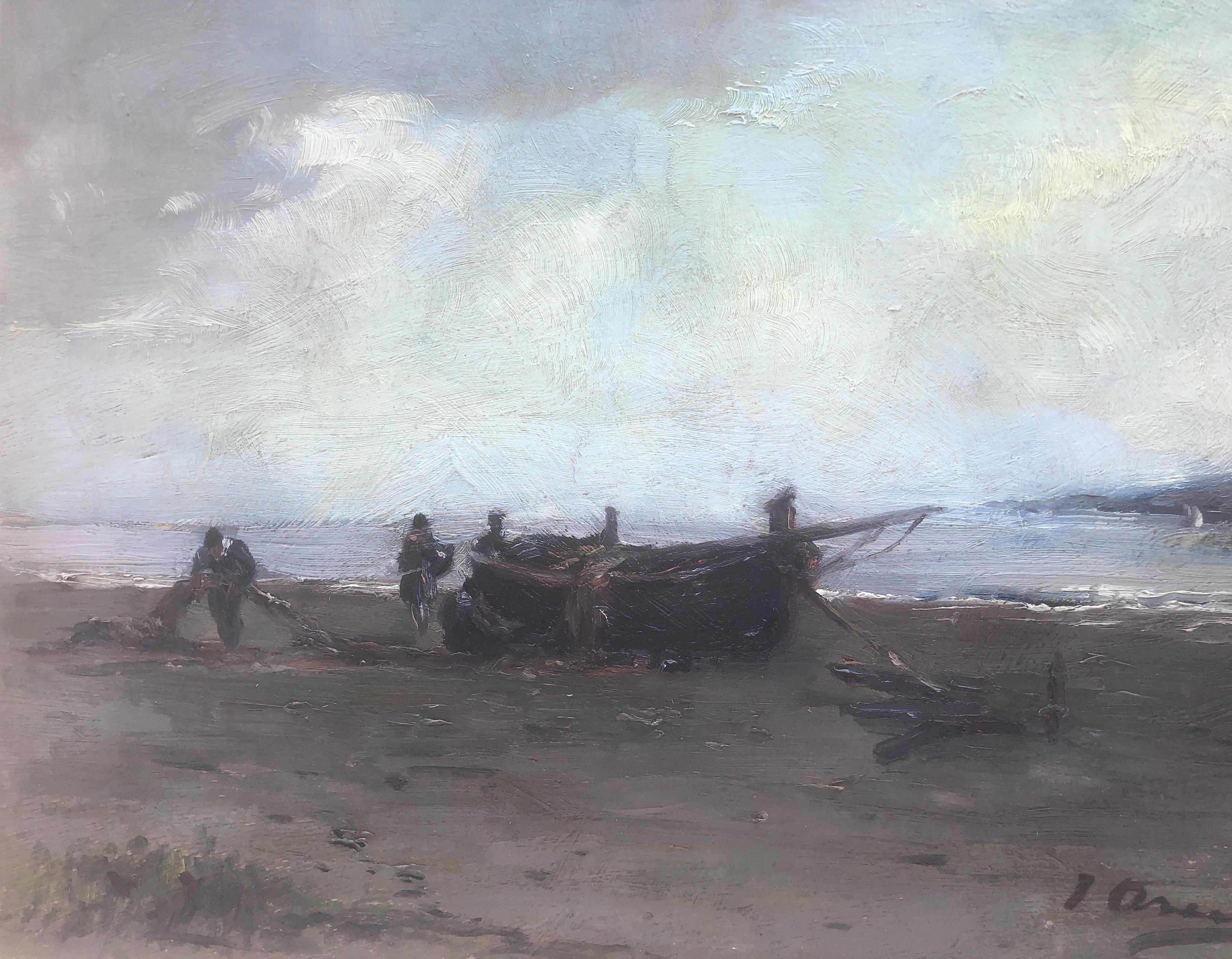 fishermen on the beach oil on board painting spanish seascape landscape 1