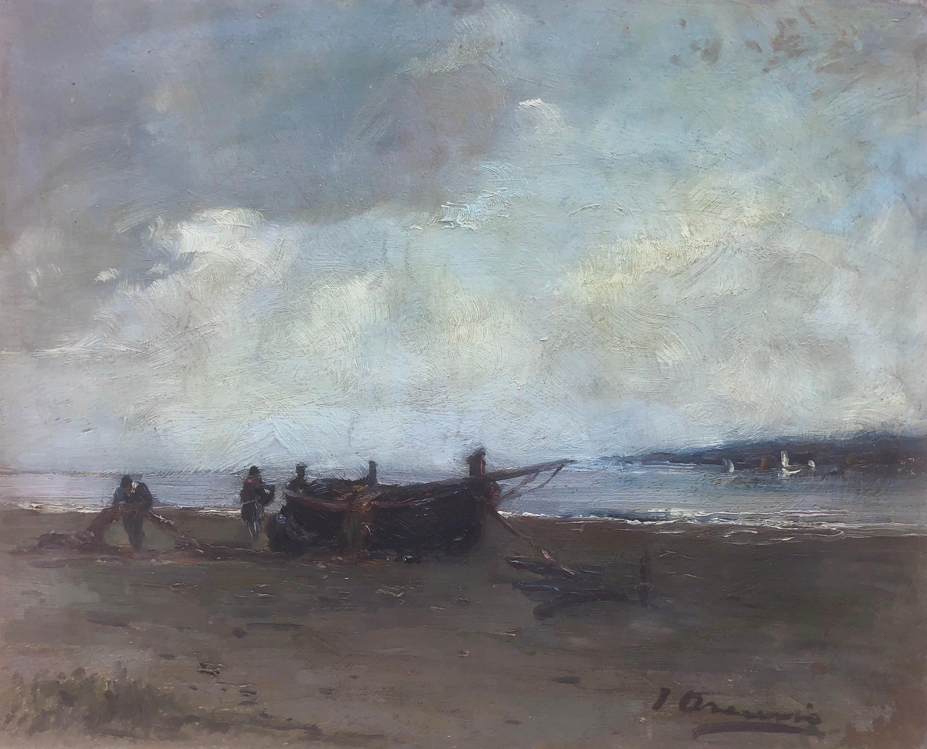 fishermen on the beach oil on board painting spanish seascape landscape