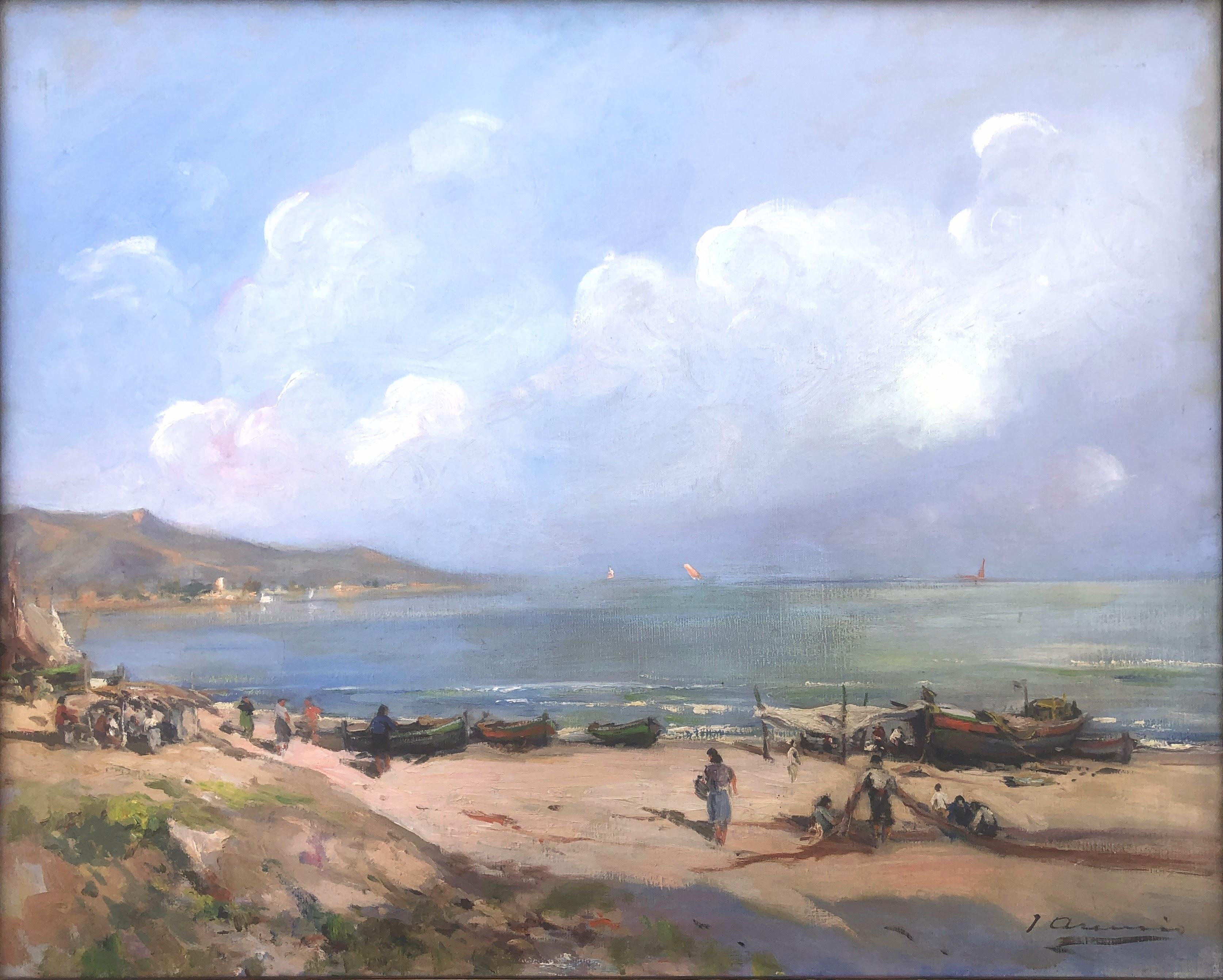 Joan Asensio Marine Landscape Painting - fishermen's beach Spanish seascape Spain oil on canvas painting mediterranean