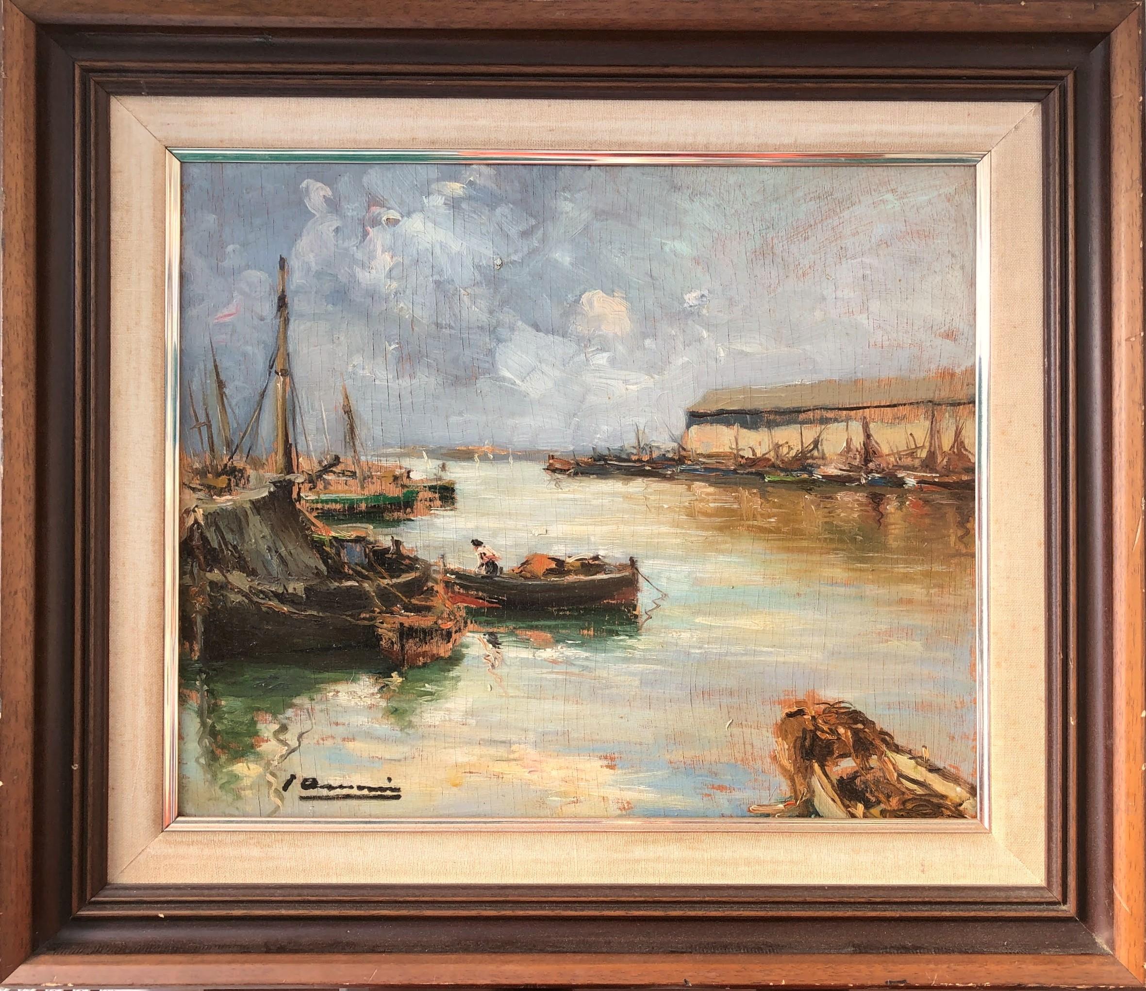 Morning fishing pier oil on board seascape painting - Painting by Joan Asensio Marine