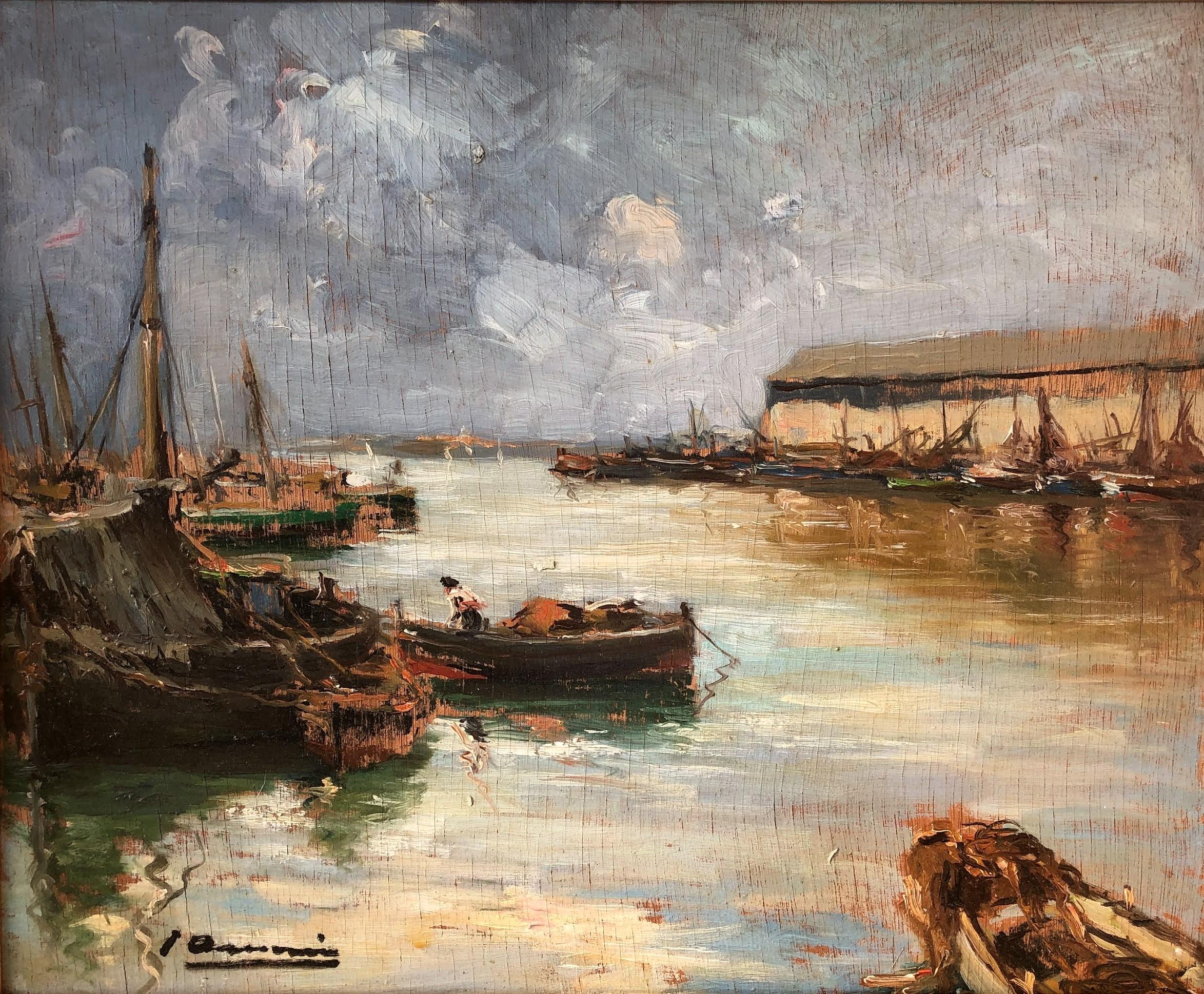 Joan Asensio Marine Landscape Painting - Morning fishing pier oil on board seascape painting
