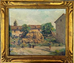 Escena rural con pajar óleo sobre tabla pintura paisaje español