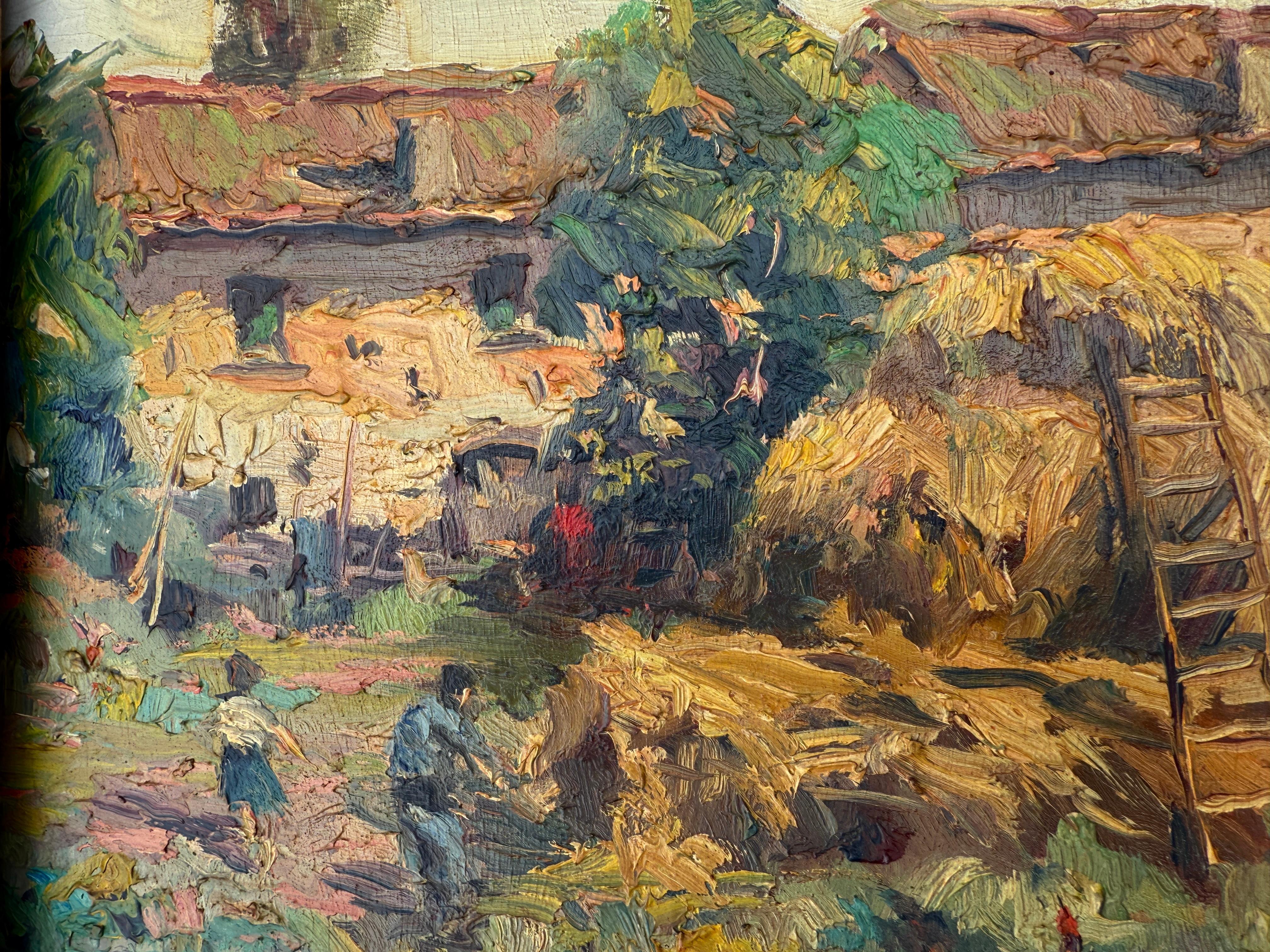 Rural Scene with Hayloft oil on board painting spanish landscape - Brown Landscape Painting by Joan Asensio Marine