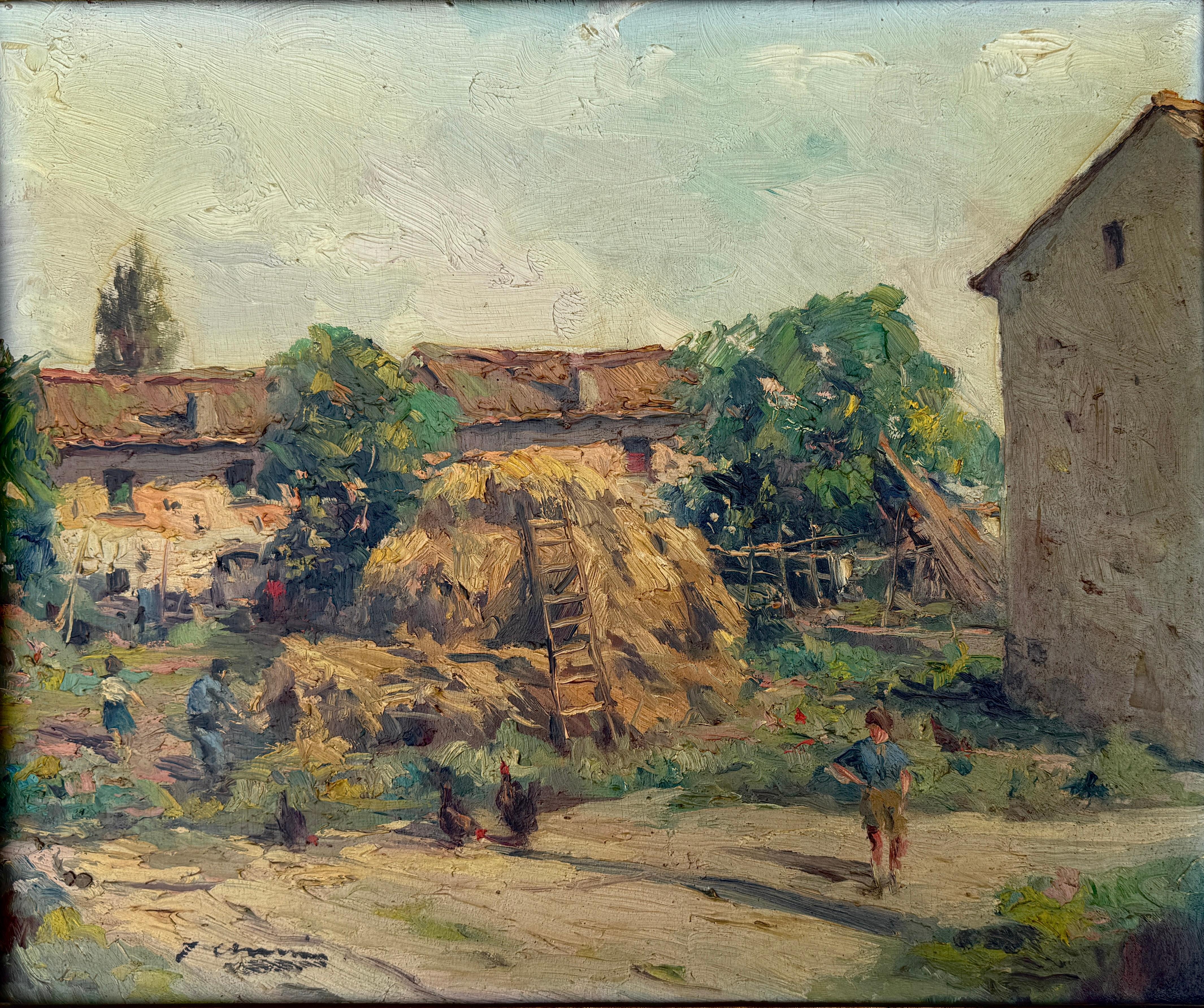 Joan Asensio Marine Landscape Painting - Rural Scene with Hayloft oil on board painting spanish landscape
