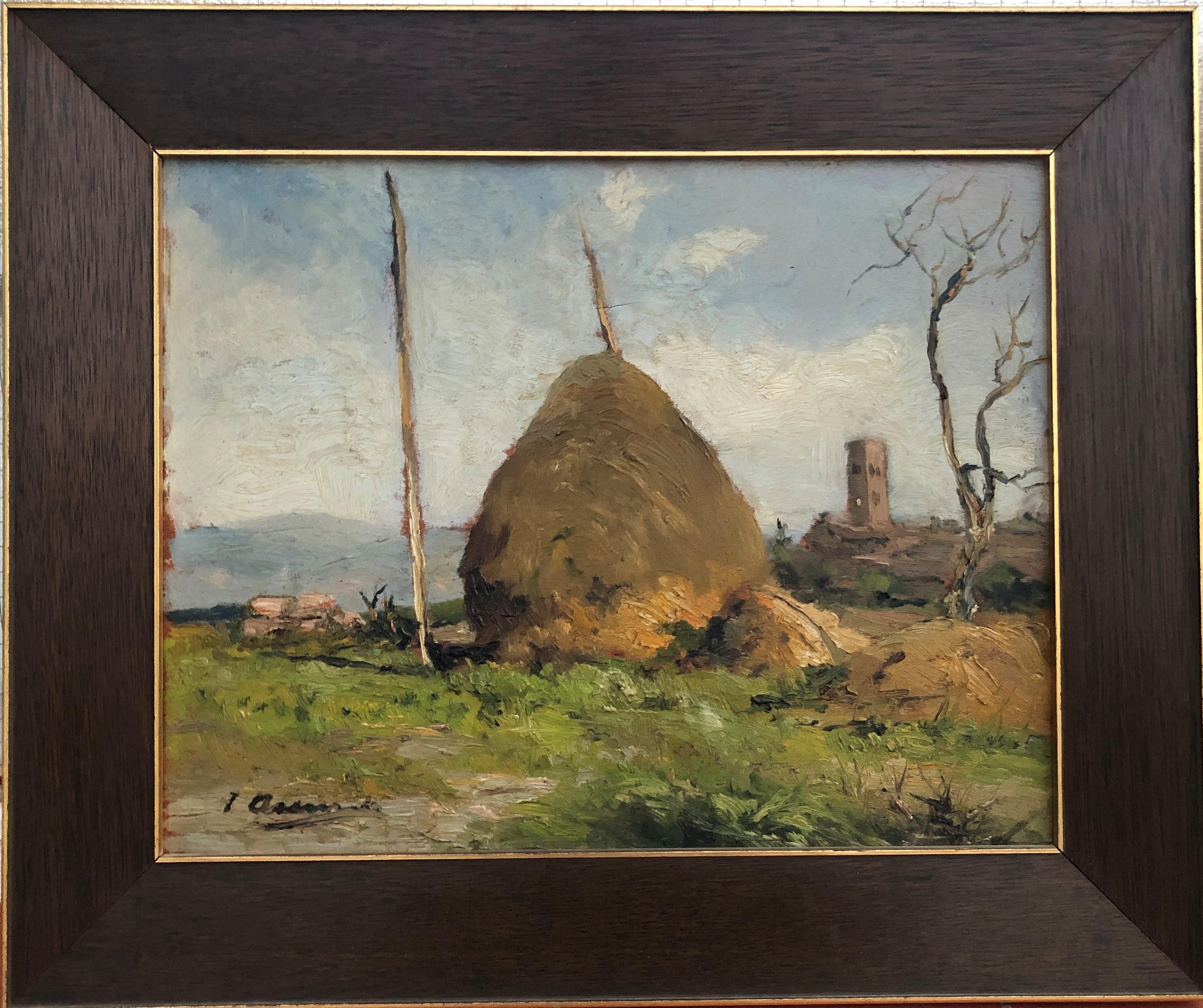 Spanish landscape with haystack oil on board painting - Painting by Joan Asensio Marine