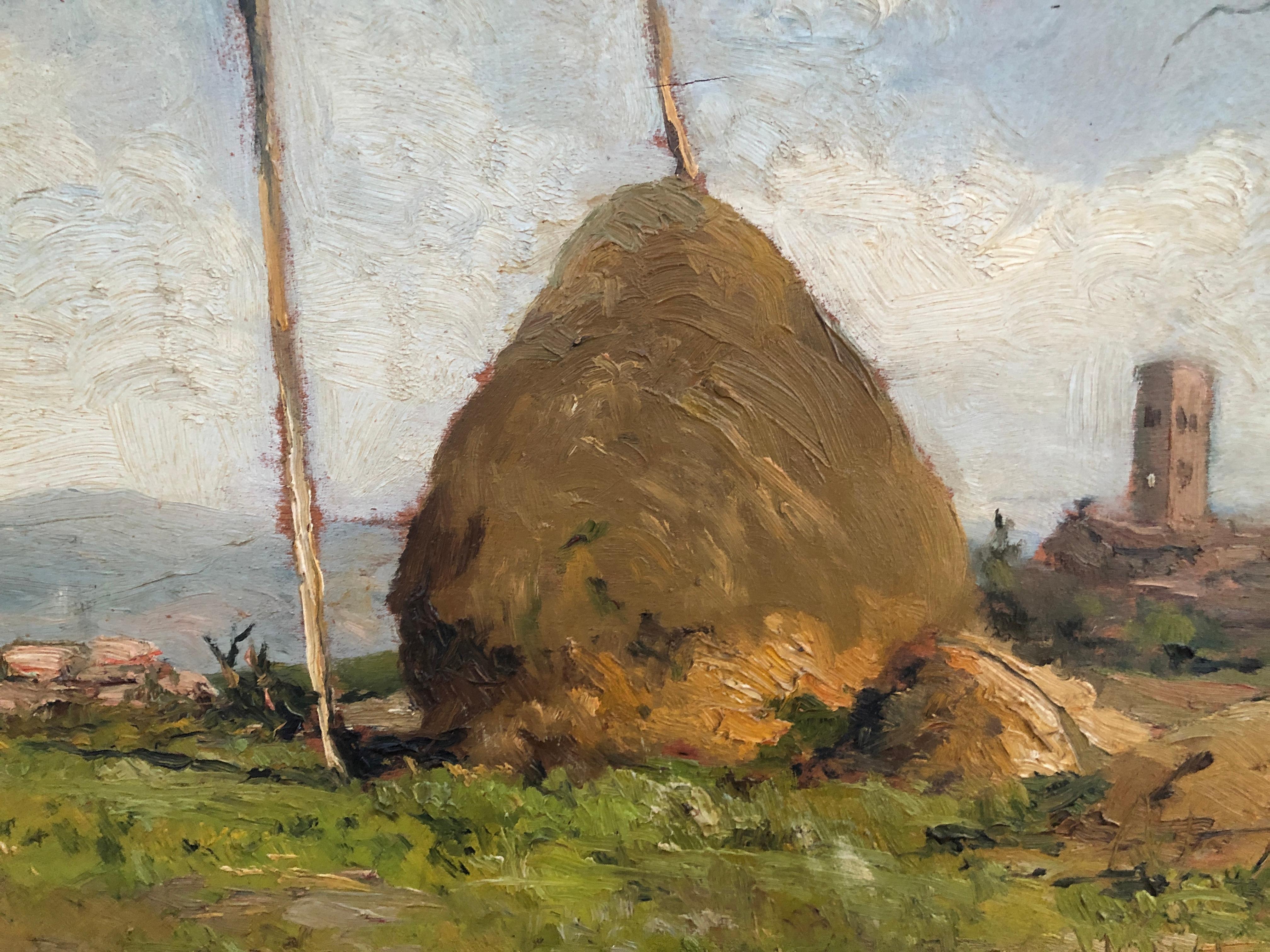 Spanish landscape with haystack oil on board painting - Brown Landscape Painting by Joan Asensio Marine