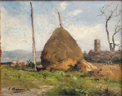 Spanish landscape with haystack oil on board painting