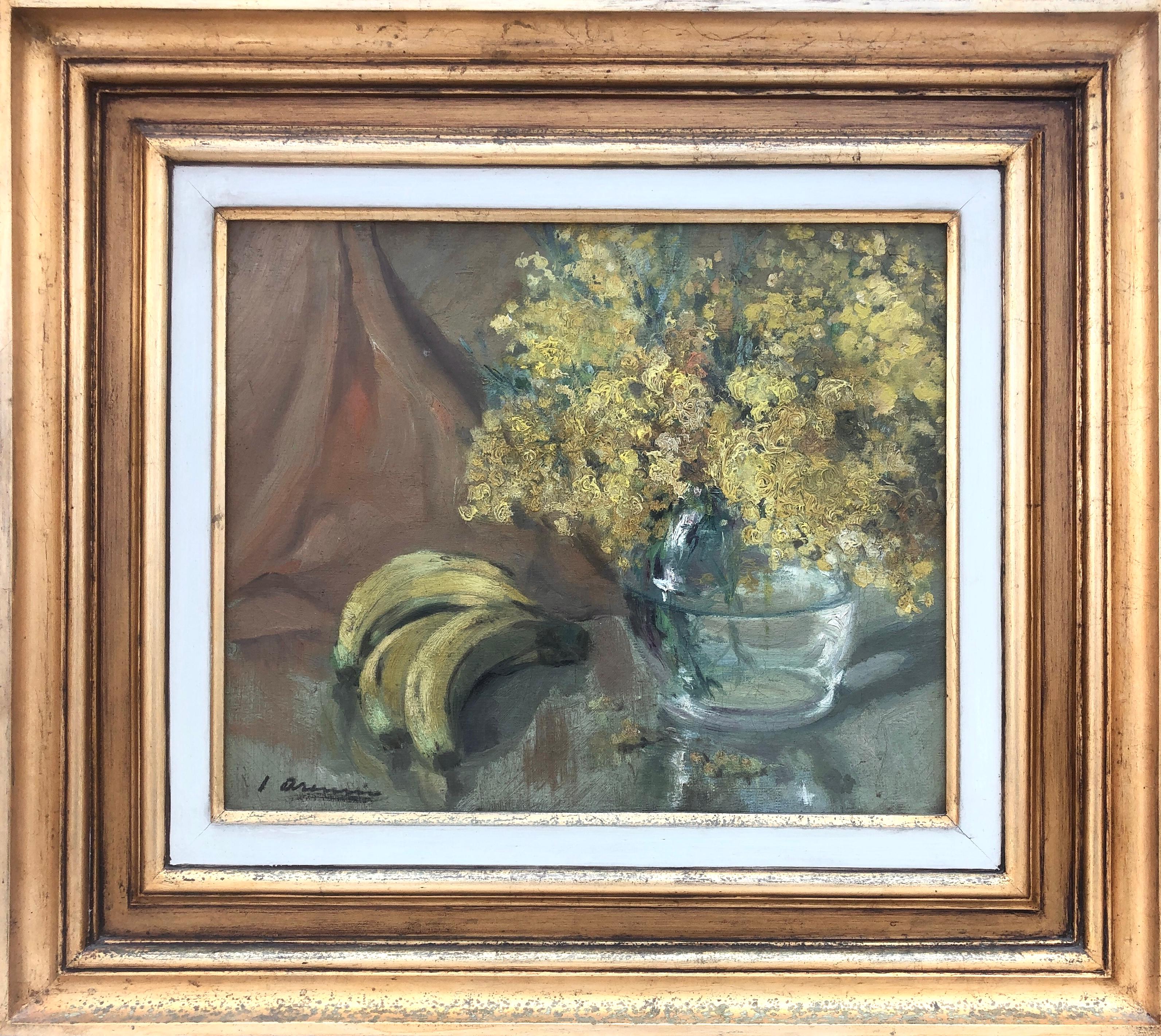 Natura morta di fiori e banane olio su tela - Painting di Joan Asensio Marine