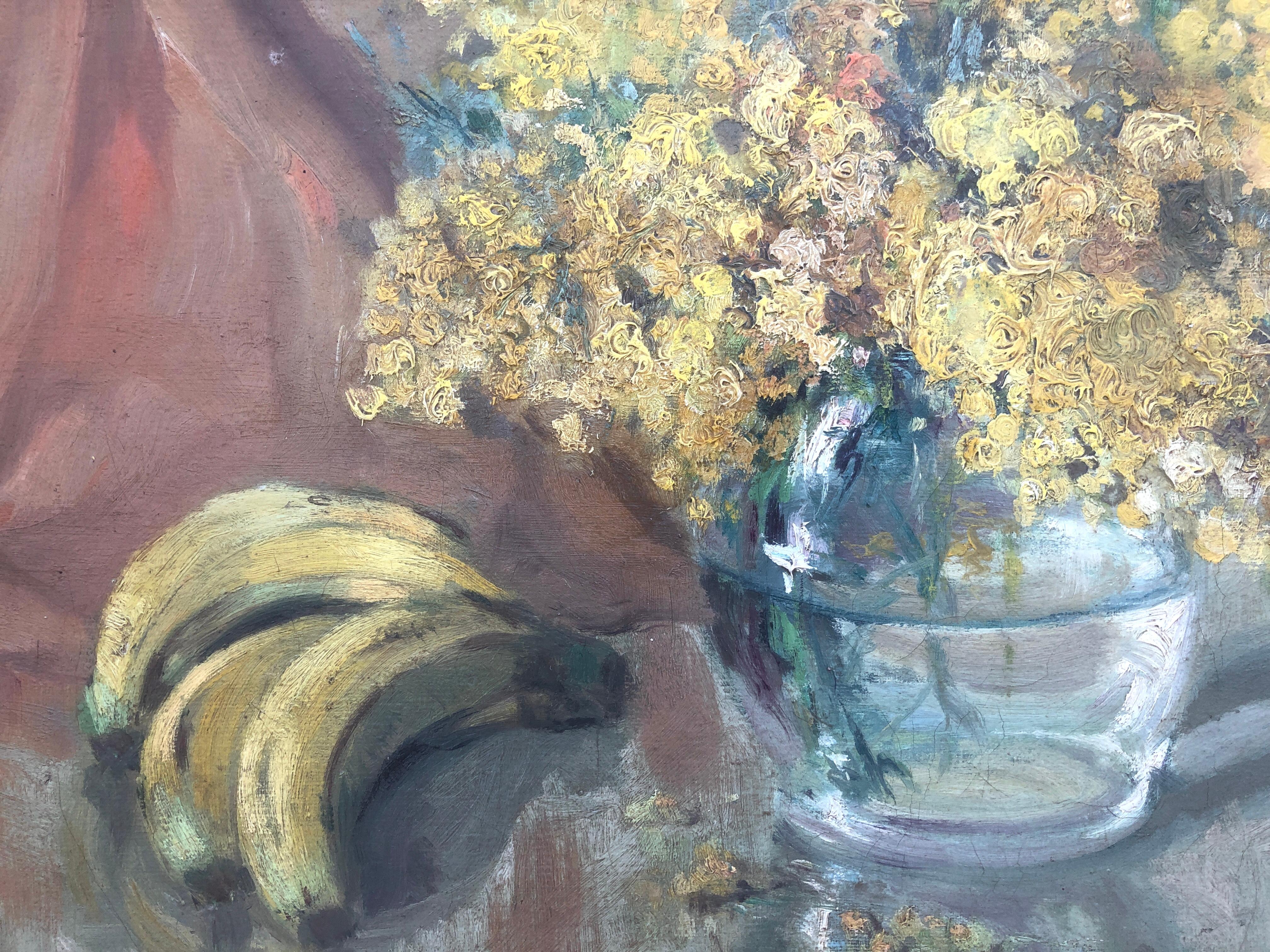 Still life of flowers and bananas oil on canvas painting For Sale 2