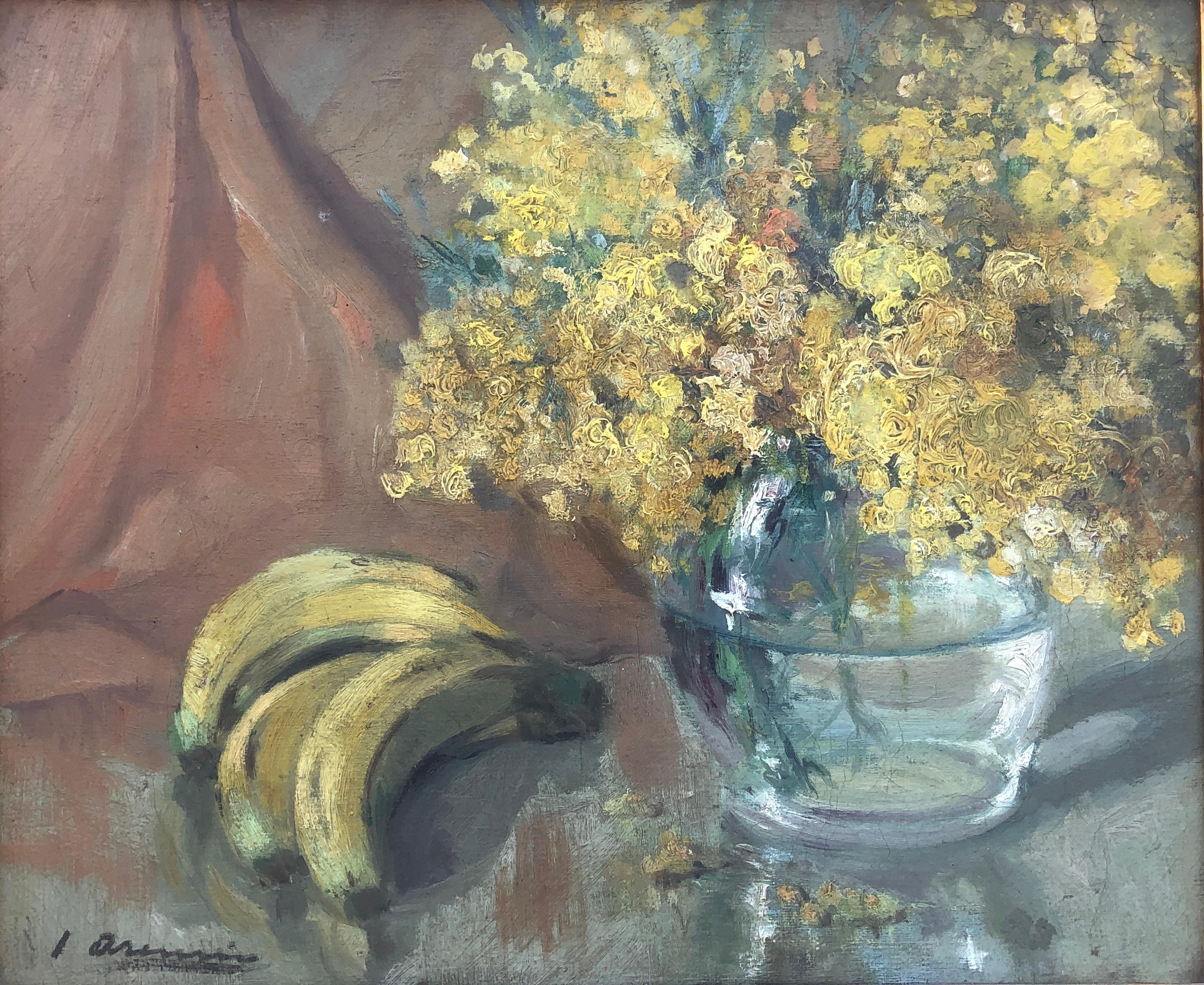 Joan Asensio Marine Still-Life Painting - Still life of flowers and bananas oil on canvas painting
