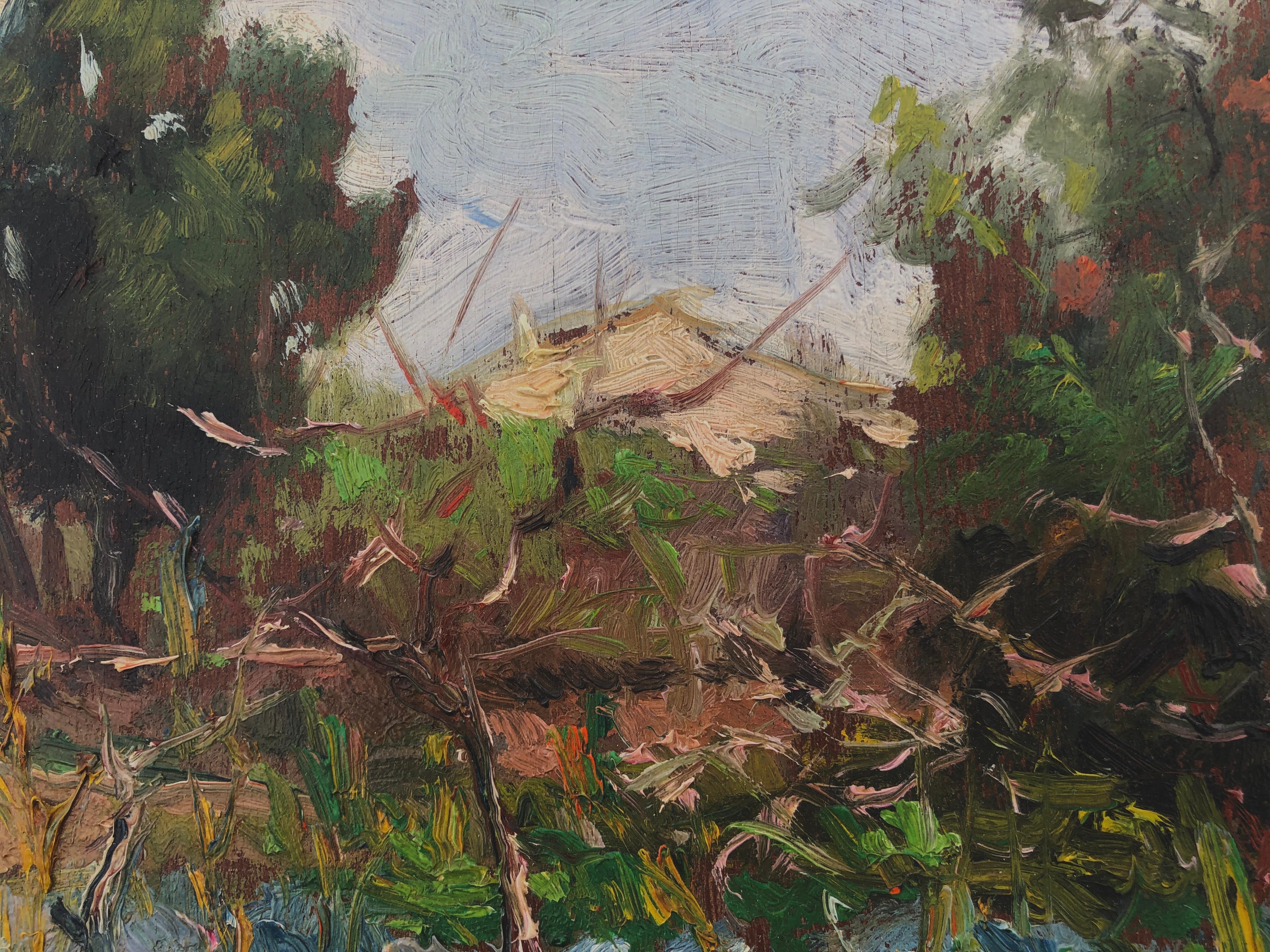 Vilanova i la Geltru Spain oil on board painting spanish landscape impresionist - Brown Figurative Painting by Joan Asensio Marine