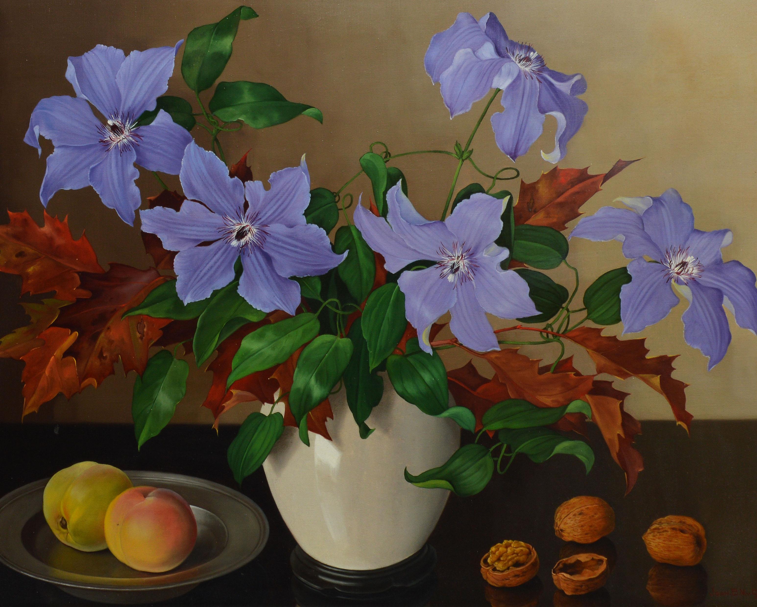 Vintage American Oil Painting Trompe L'Oeil Flower Still Life by Joan Nugent - Brown Still-Life Painting by Joan B. Nugent