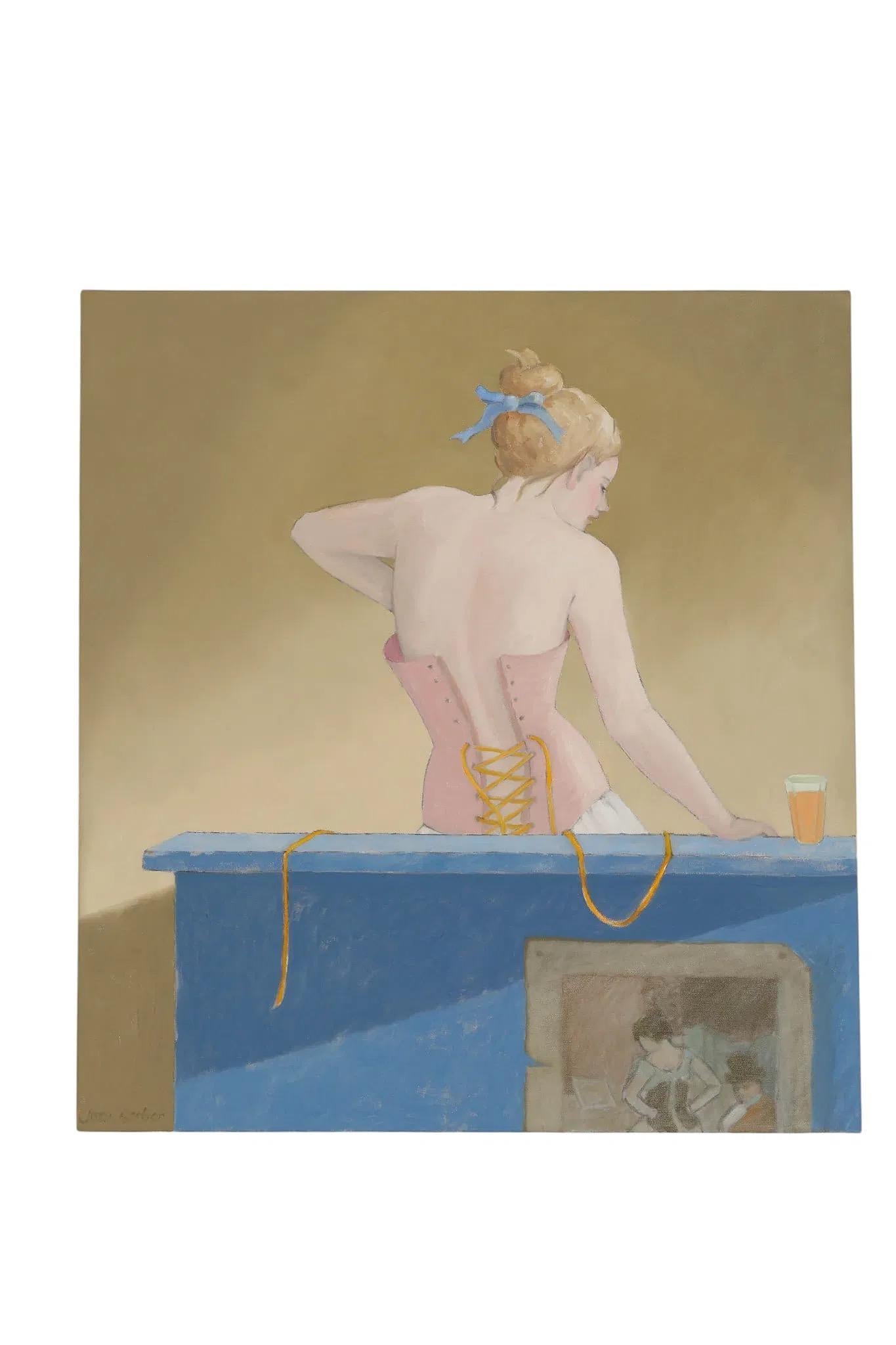 Blaue Ledge 2012
Öl auf Leinwand, 28x22x1.5in,  das eine weibliche Person in Rückenansicht zeigt, die auf einem Sims sitzt und ein Korsett mit herunterhängenden Schnürsenkeln zurechtrückt. Das Gemälde ist unten links signiert und verso mit dem Namen