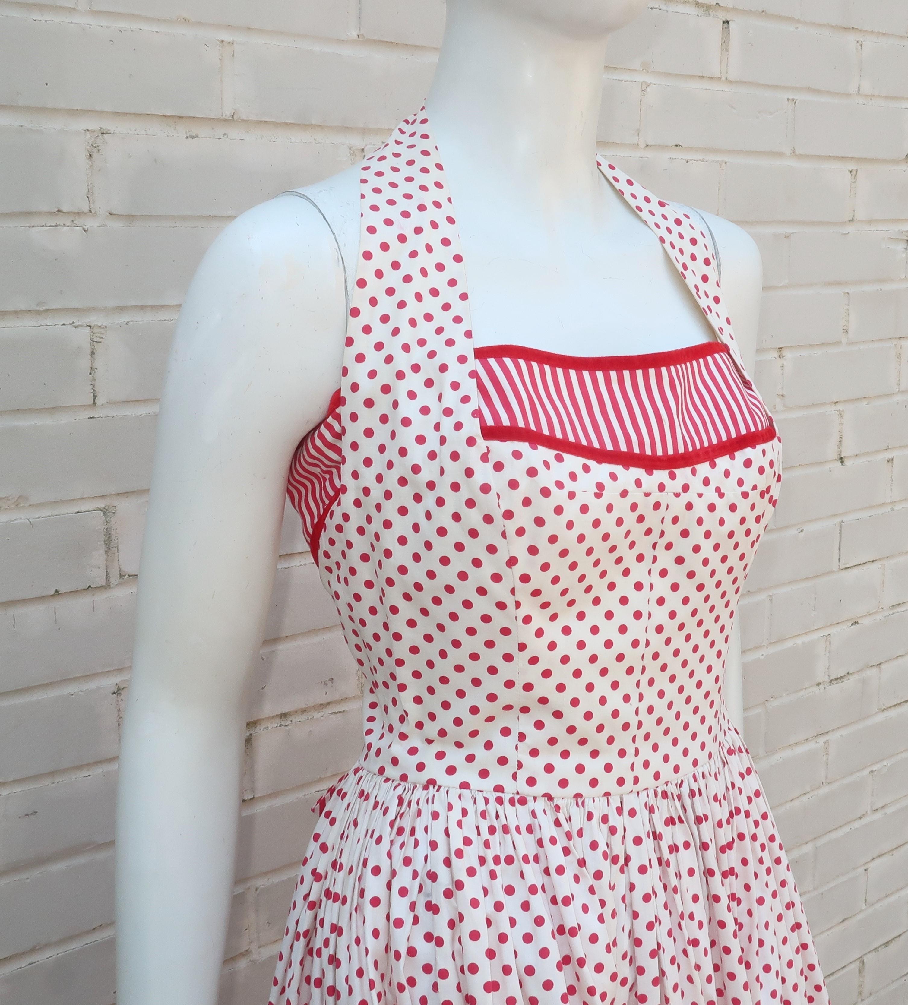 Gray Joan Barrie Red & White Pin Up Style Halter Dress, 1950's