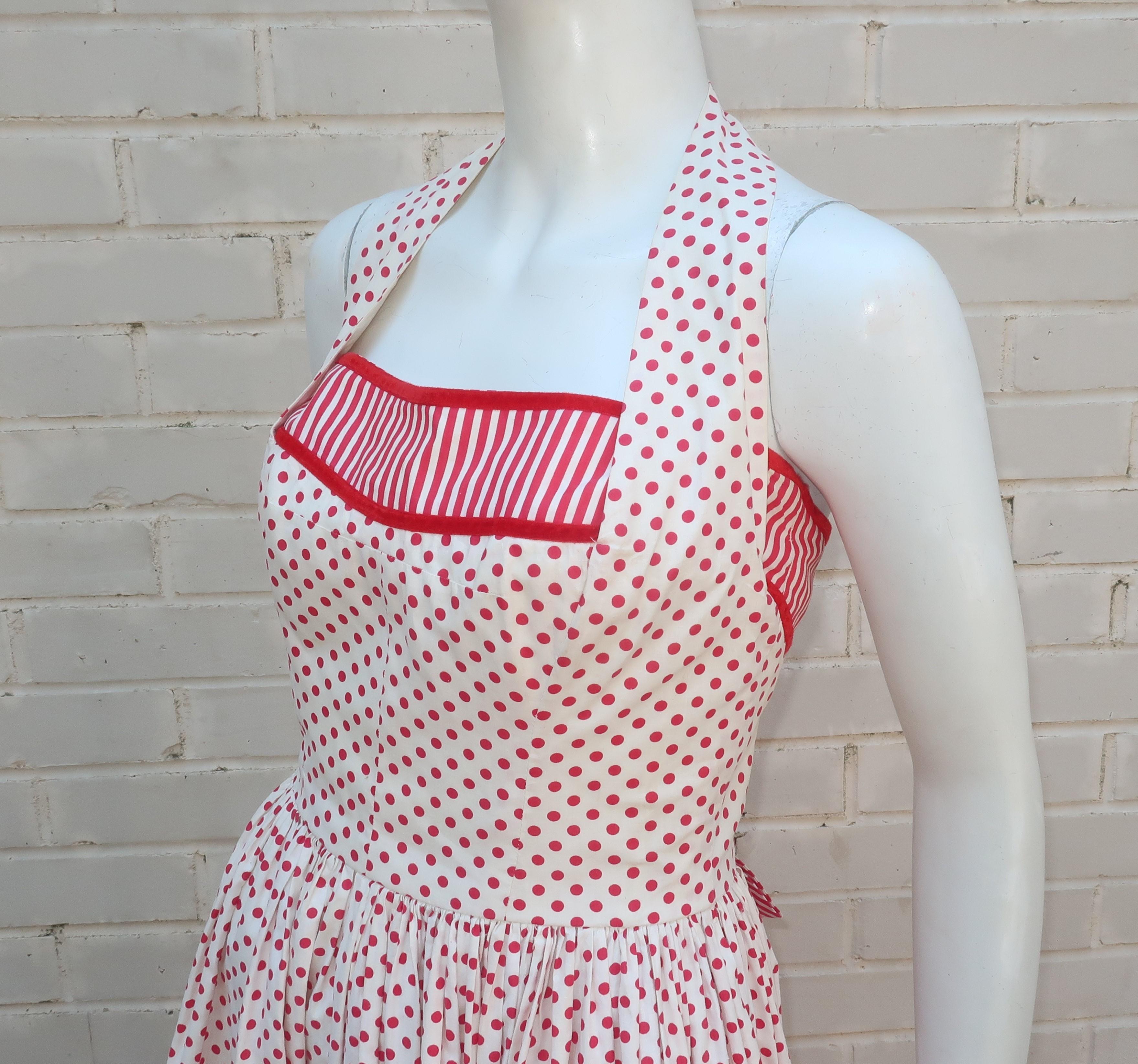 Joan Barrie Red & White Pin Up Style Halter Dress, 1950's In Good Condition In Atlanta, GA