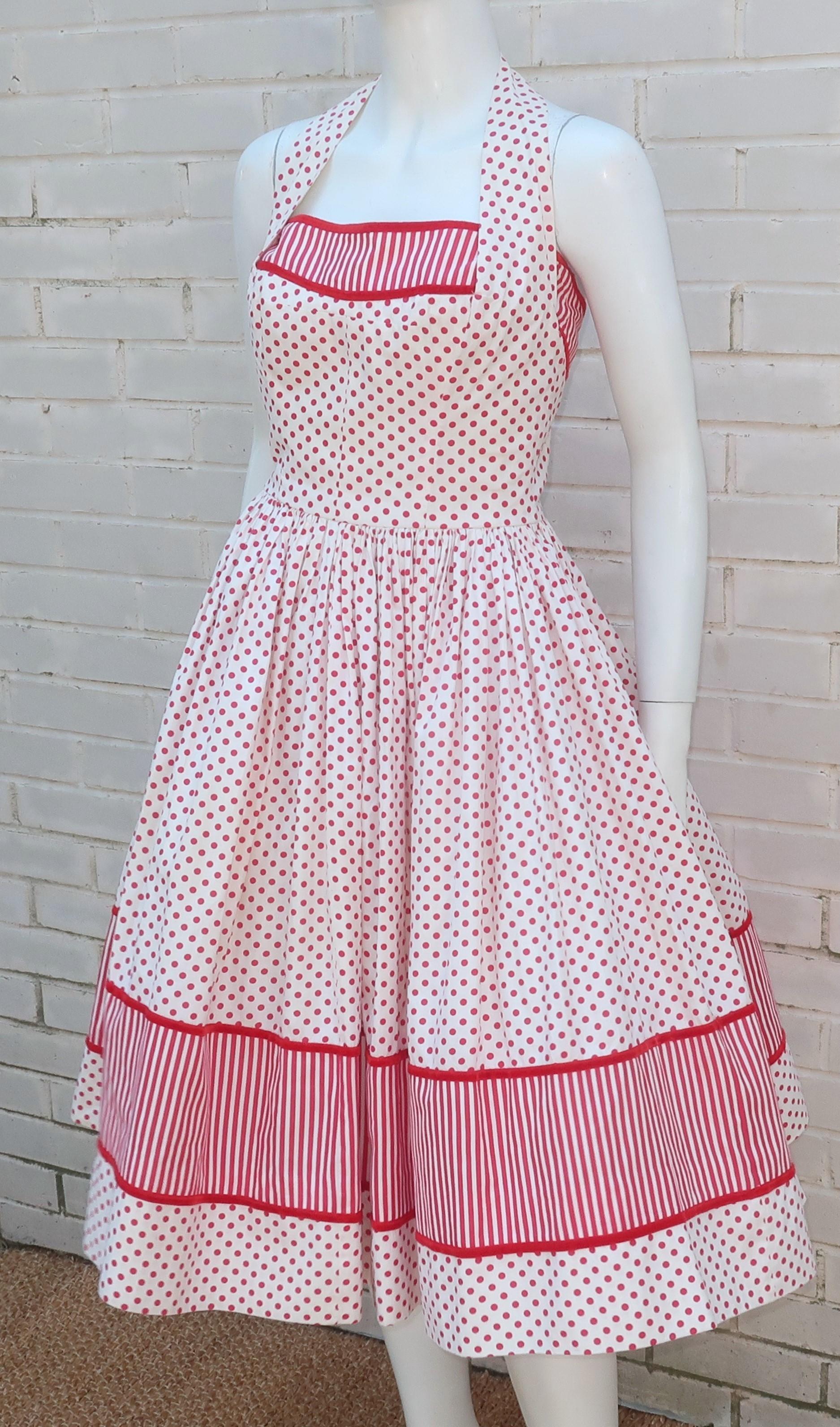 Women's Joan Barrie Red & White Pin Up Style Halter Dress, 1950's For Sale
