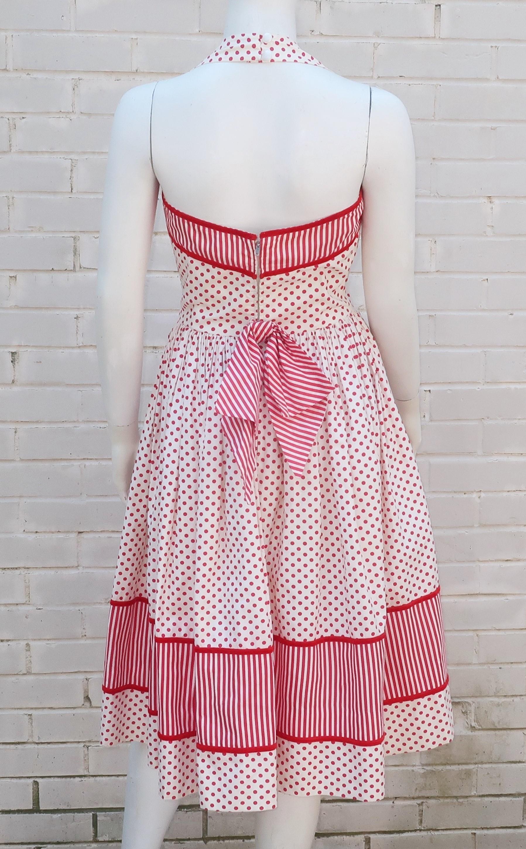 Joan Barrie Red & White Pin Up Style Halter Dress, 1950's For Sale 1