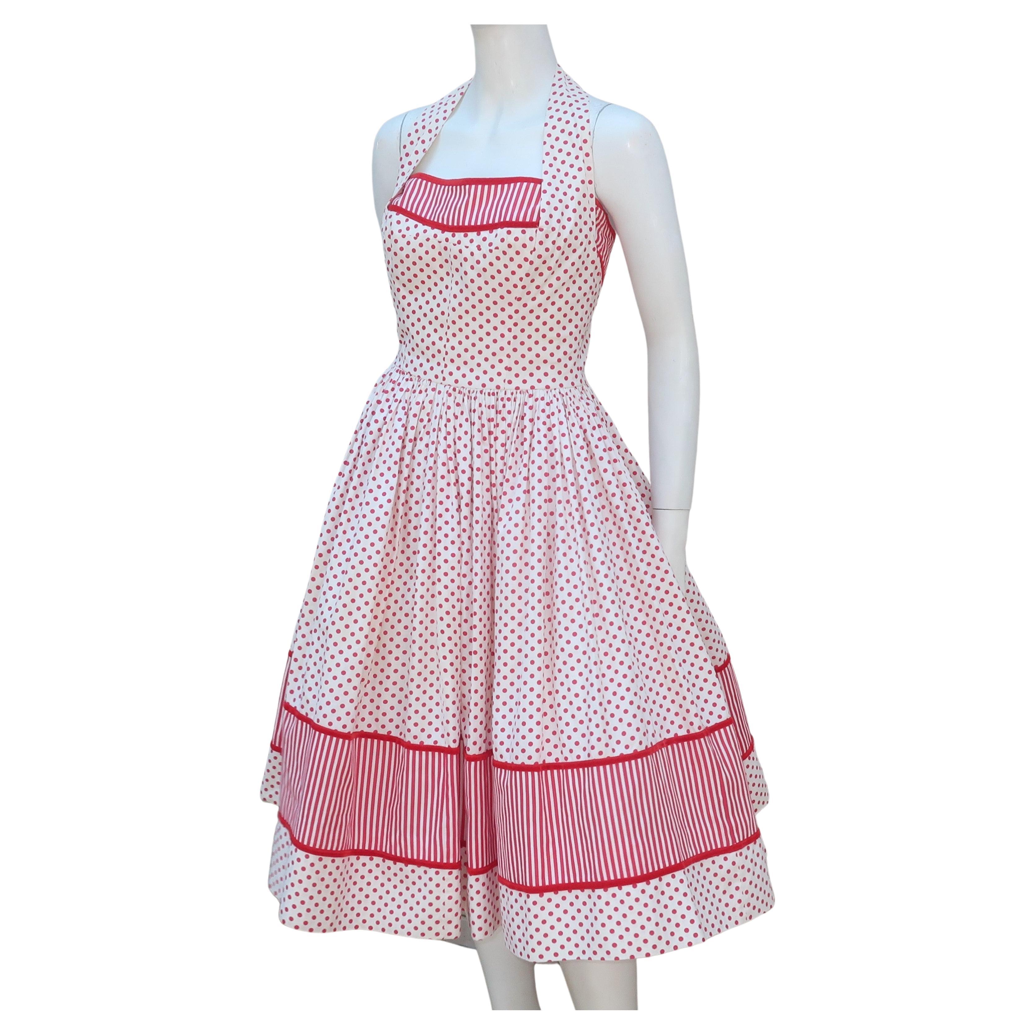 Joan Barrie Red & White Pin Up Style Halter Dress, 1950's For Sale