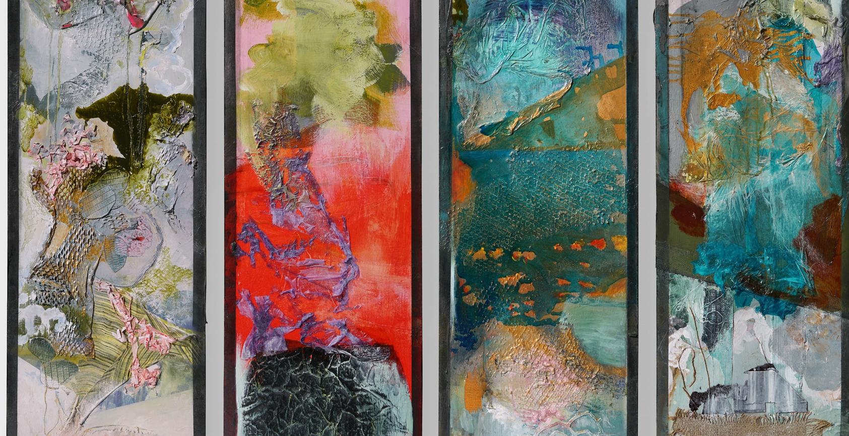 The Four Seasons, mixed media , Abstract Expressionism, Four Panels 48x15x2 each - Abstract Expressionist Mixed Media Art by Joan Bohn