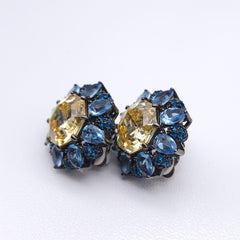 Joan Boyce Blue & Yellow Crystal Clip-On Earrings in Gunmetal Finish, Retro