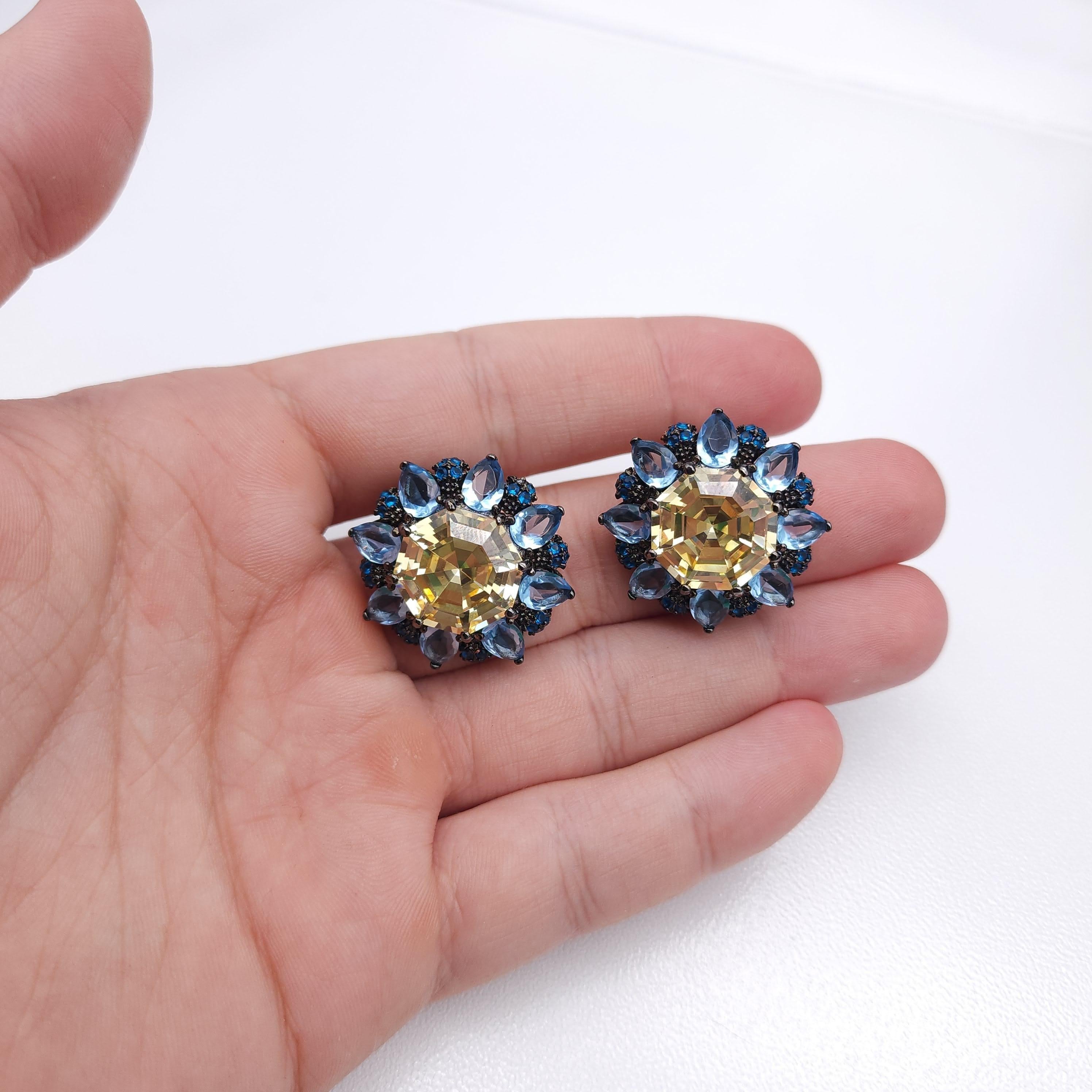 Women's or Men's Joan Boyce Blue & Yellow Crystal Clip-On Earrings in Gunmetal Finish, Retro For Sale