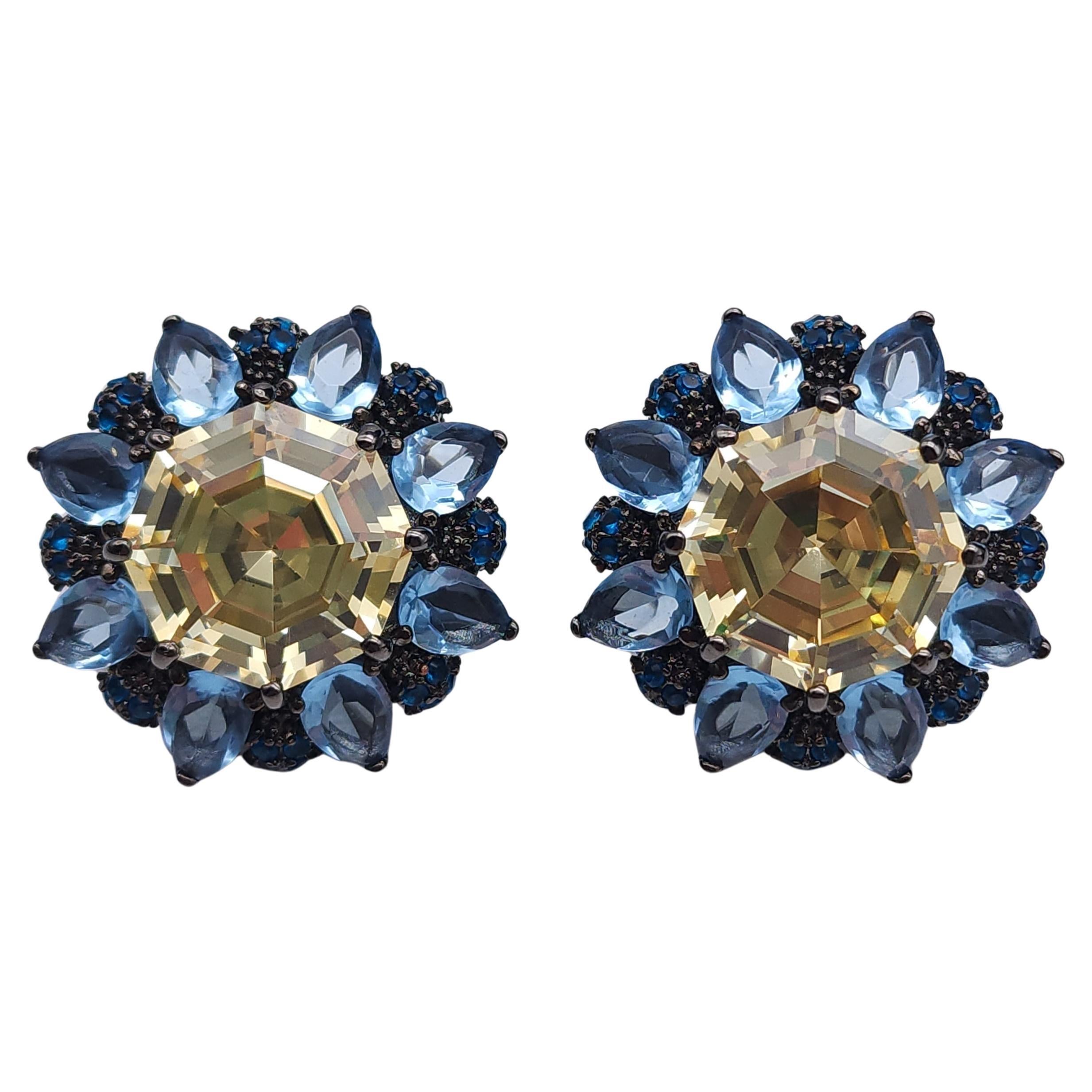 Joan Boyce Blue & Yellow Crystal Clip-On Earrings in Gunmetal Finish, Retro For Sale