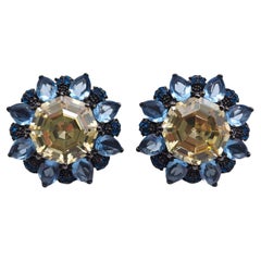 Joan Boyce - Boucles d'oreilles à clip en cristal bleu et jaune, finition bronze, rétro