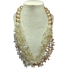 Joan Boyce Champagne Pearl and Crystal Cluster Bib Necklace with Rhinestone