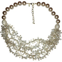 Joan Boyce Champagne Pearl and Crystal Cluster Bib Necklace with Rhinestone
