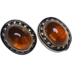 Joan Boyce Enamel & Amber Glass Cabochon Pierced Earrings with Crystal Halo
