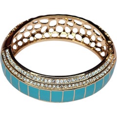 Joan Boyce Gold-Tone Turquoise Enamel and Crystal Inlay Panel Bangle Bracelet