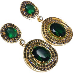 Joan Boyce Green Oval Crystal Drop Earrings with Multicolor Pave, Pierced