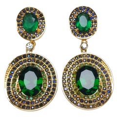 Joan Boyce Green Oval Crystal Drop Earrings with Multicolor Pave, Pierced