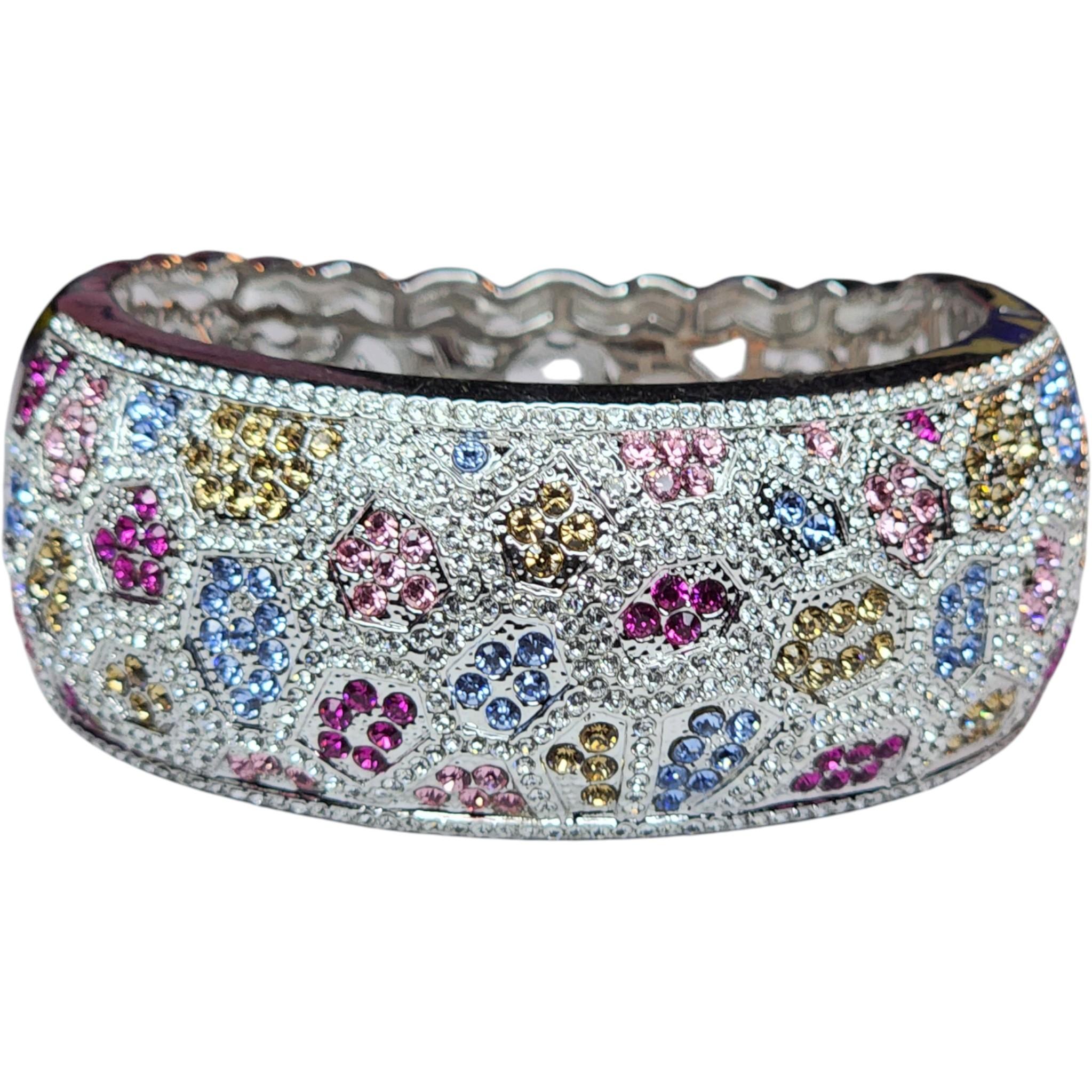 Joan Boyce Multicolor Crystal Mosaic Silver-Tone Bangle Bracelet For Sale