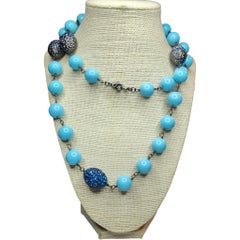 Joan Boyce Turquoise Bead Necklace with Pave Crystal Egg Accents