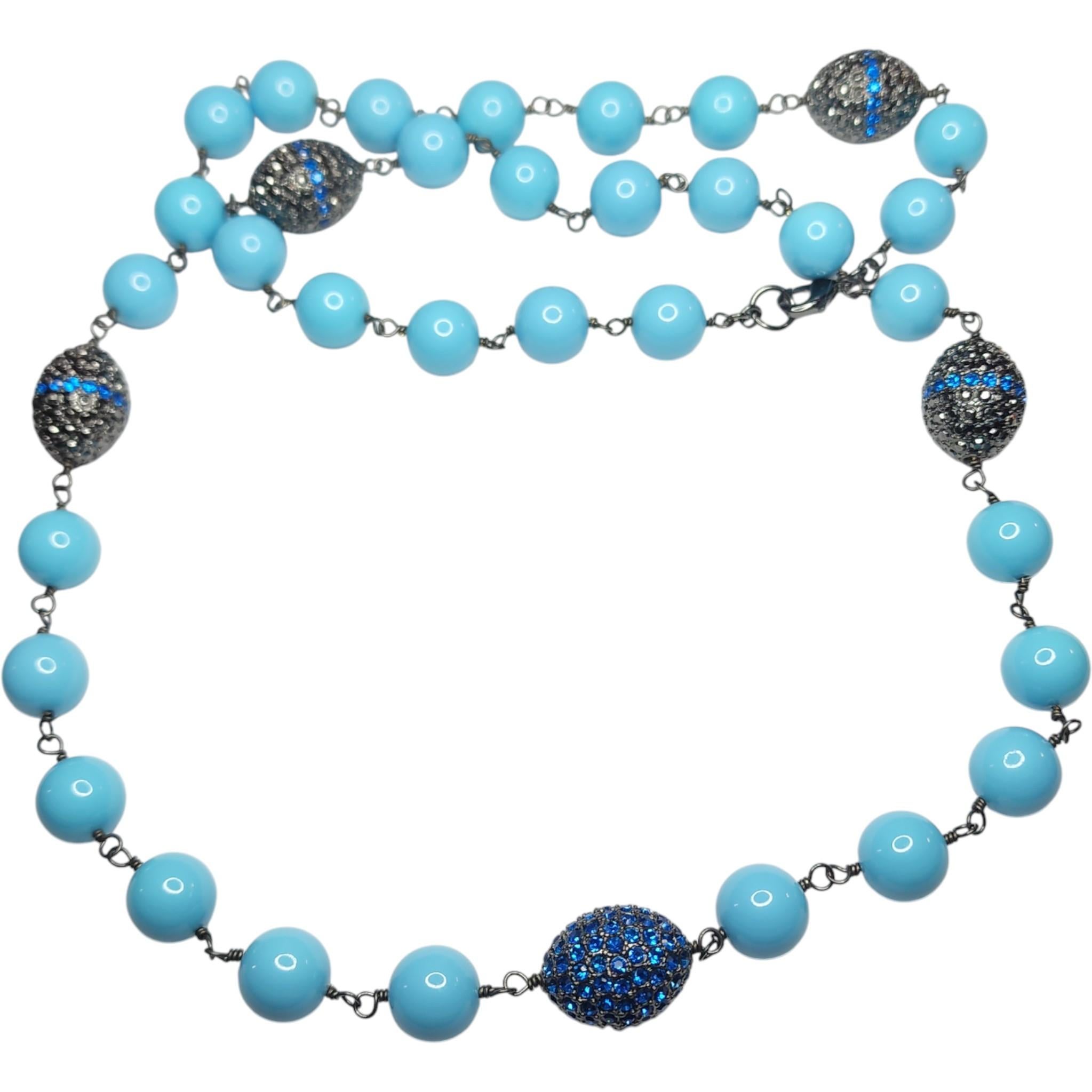 Joan Boyce Turquoise Bead Necklace with Pave Crystal Egg Accents