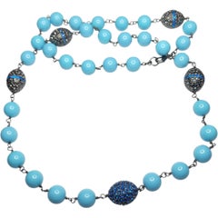 Joan Boyce Turquoise Bead Necklace with Pave Crystal Egg Accents