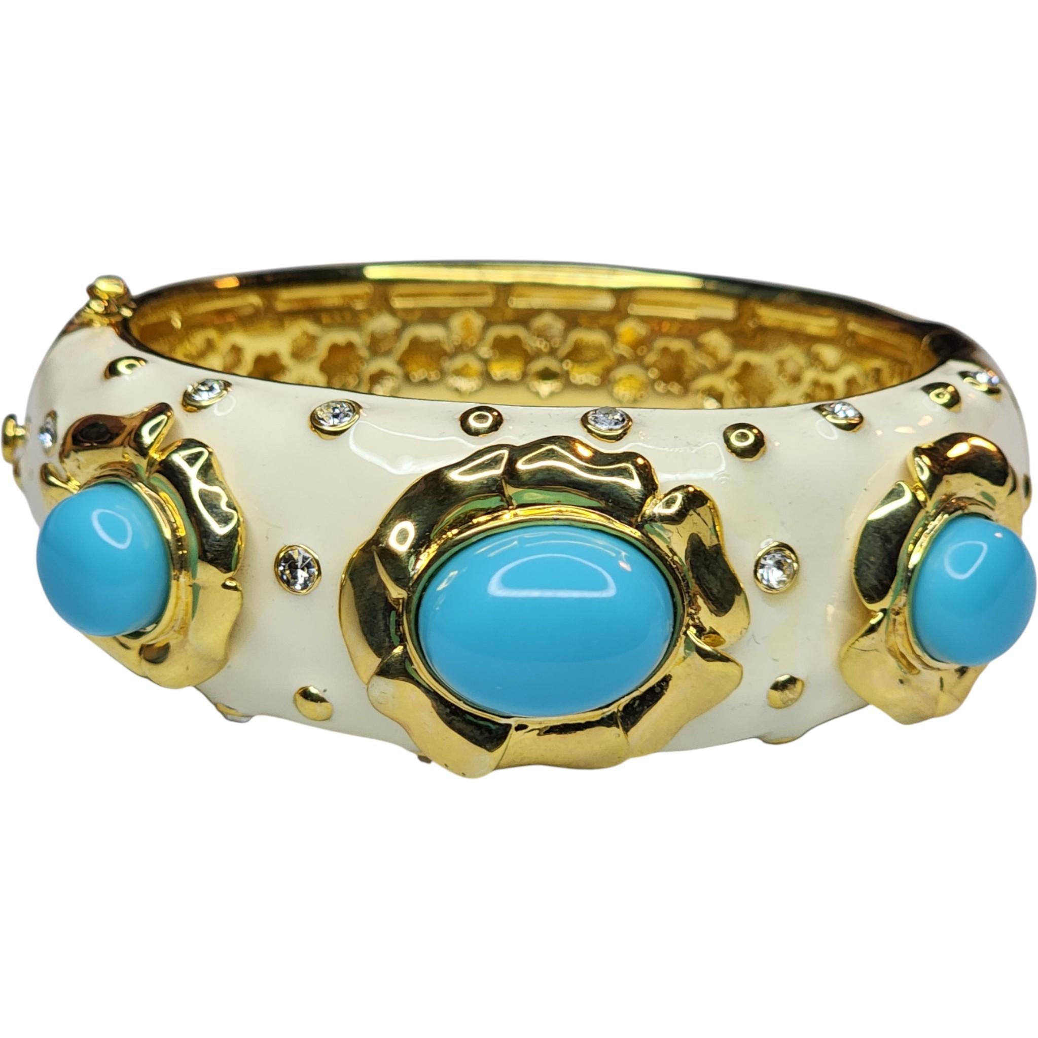 Joan Boyce Turquoise Cabochon and Crystal Gold-Tone Enamel Bangle Bracelet For Sale