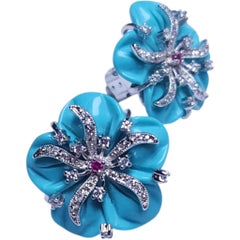 Joan Boyce Turquoise Enamel Crystal Flower Clip-On Earrings with Ruby Center