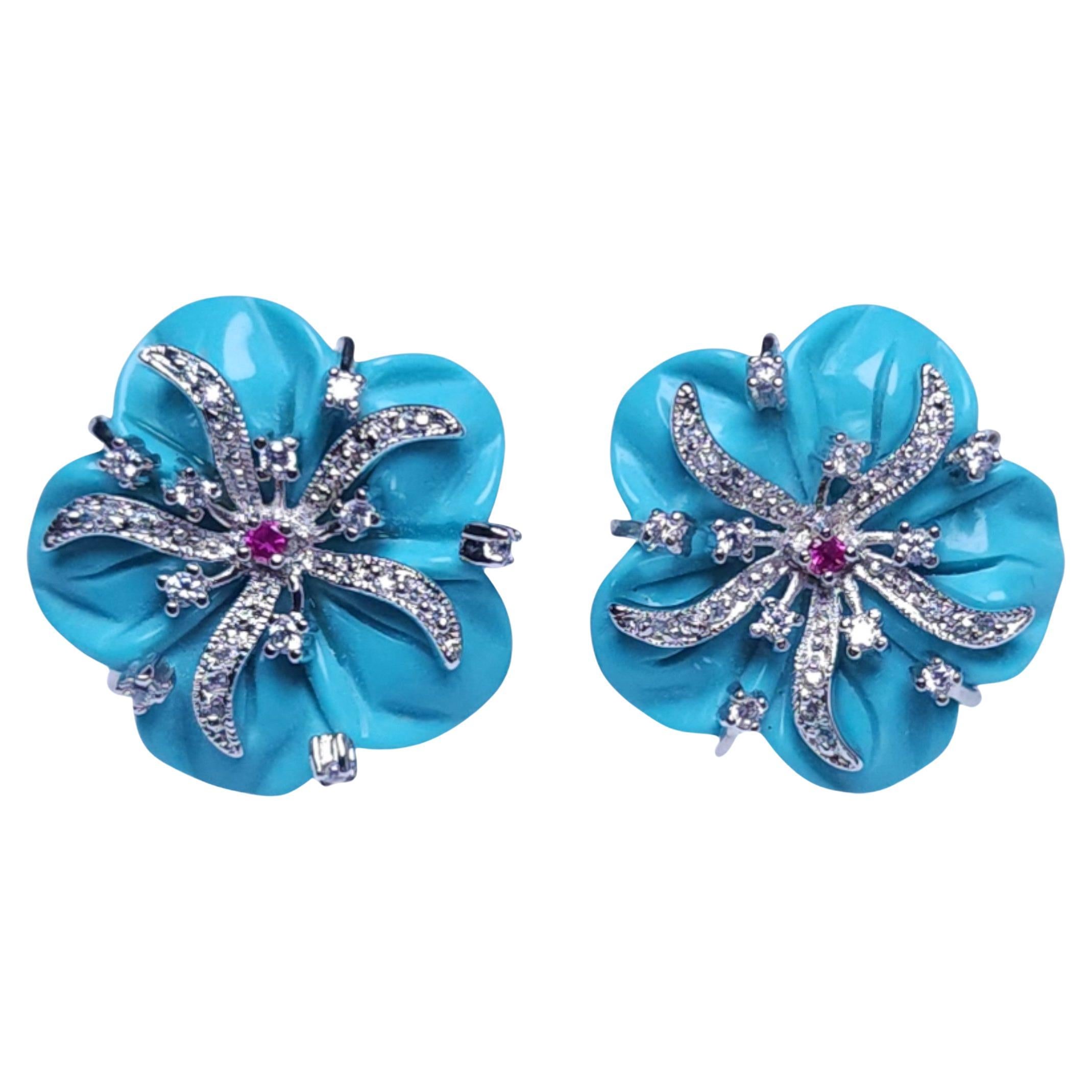 Joan Boyce Orecchini a clip con fiore di cristallo smaltato turchese e rubino centrale