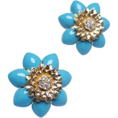 Joan Boyce Orecchini a clip a fiore in oro e smalto turchese con cristallo
