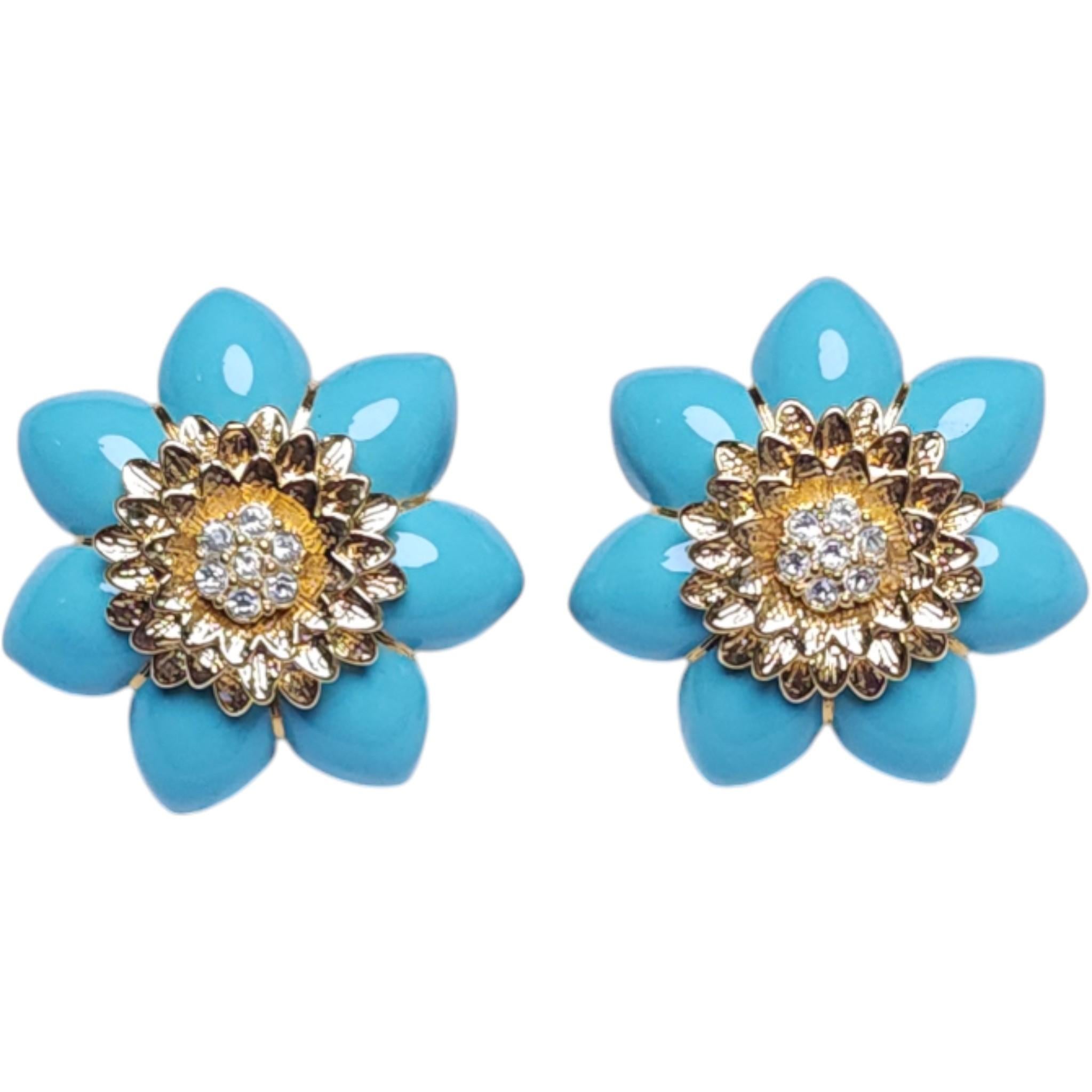 Joan Boyce Orecchini a clip a fiore in oro e smalto turchese con cristallo in vendita