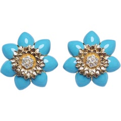 Joan Boyce Orecchini a clip a fiore in oro e smalto turchese con cristallo