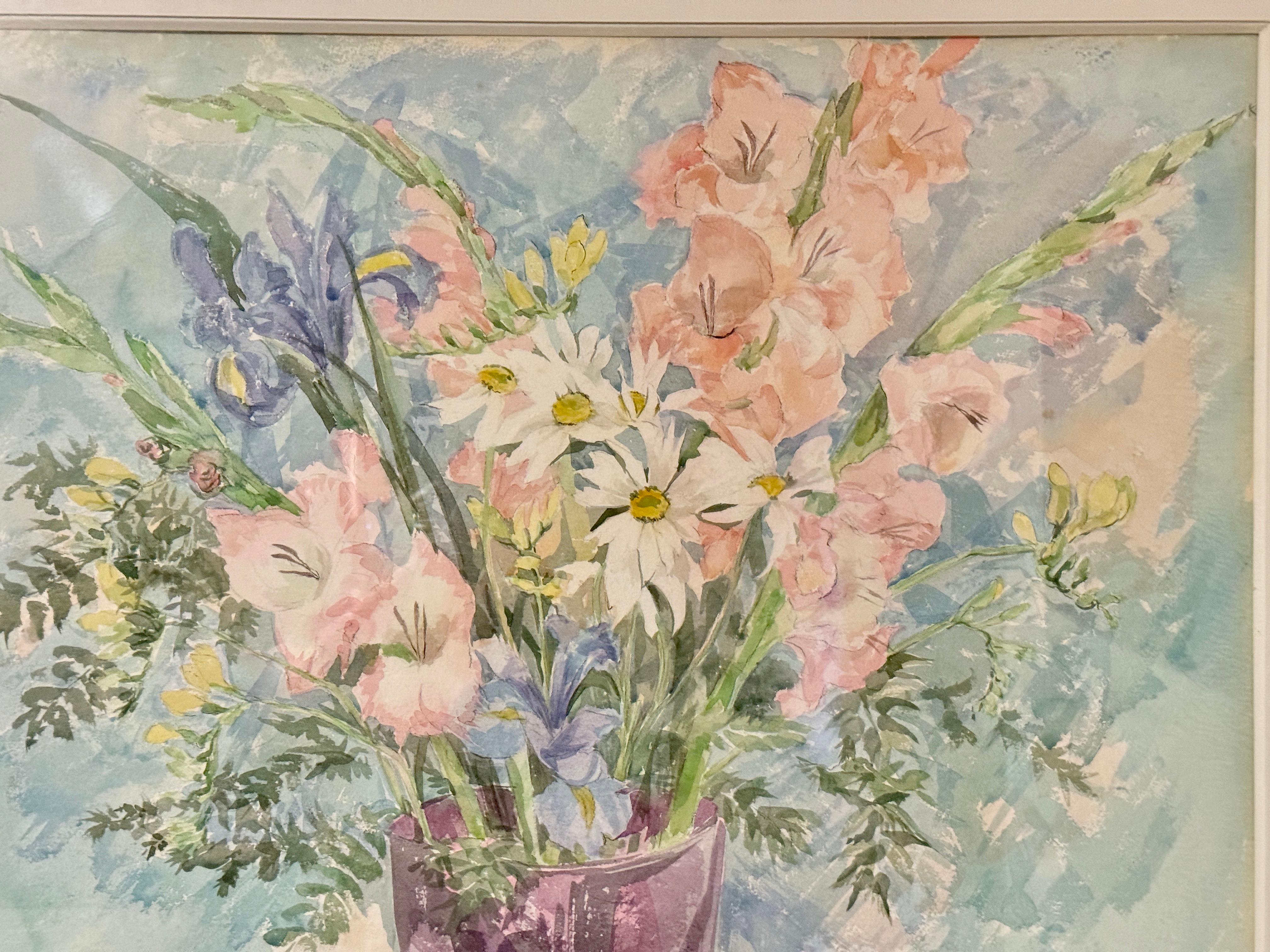 Blumenstrauß Aquarell auf Papier (Beige), Still-Life Painting, von Joan Brady